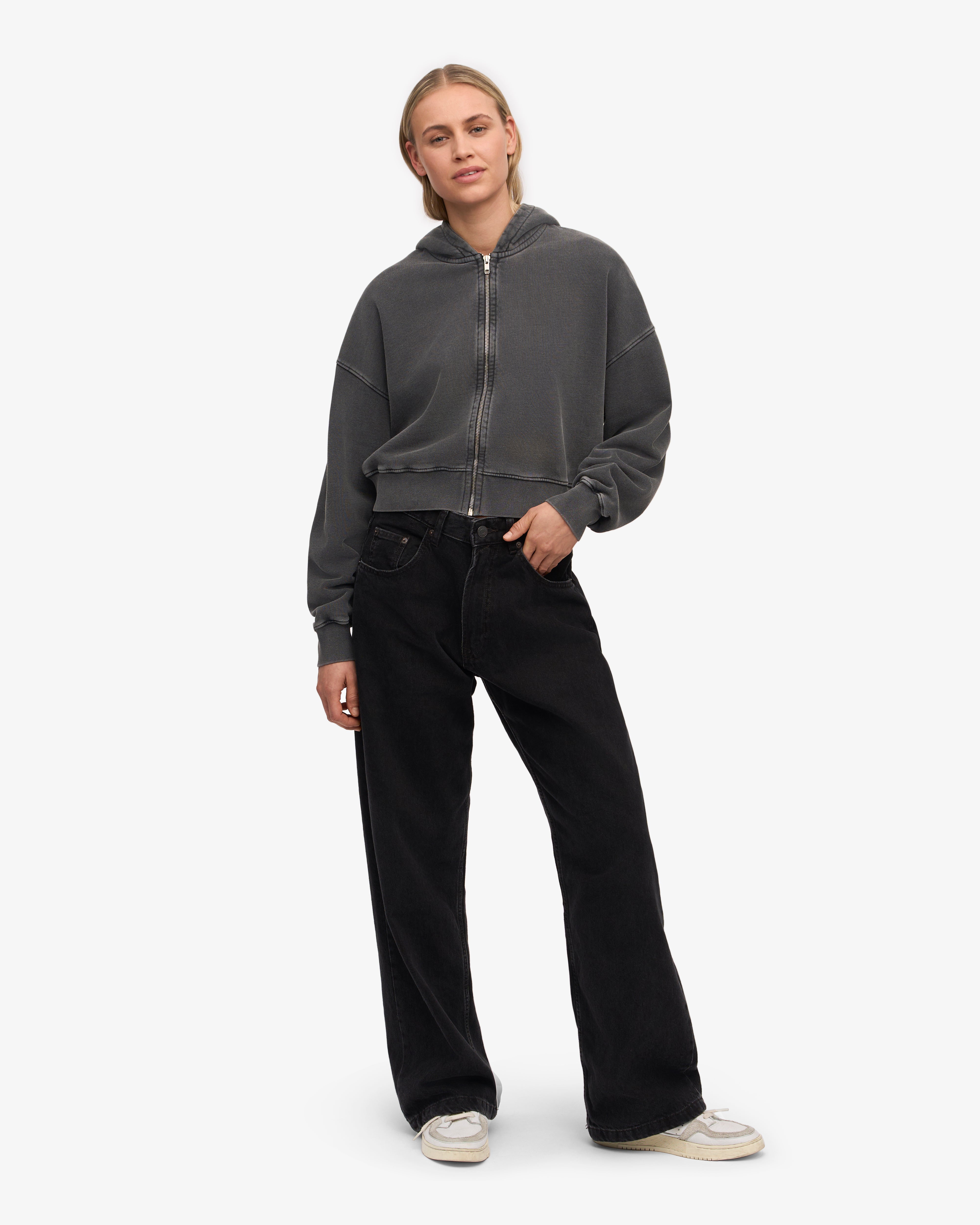 Organic Crop Zip Hoodie for Women - Faded Black Oversized Pullover | Casual Streetwear, Gym, Lounge & Outdoor Activities