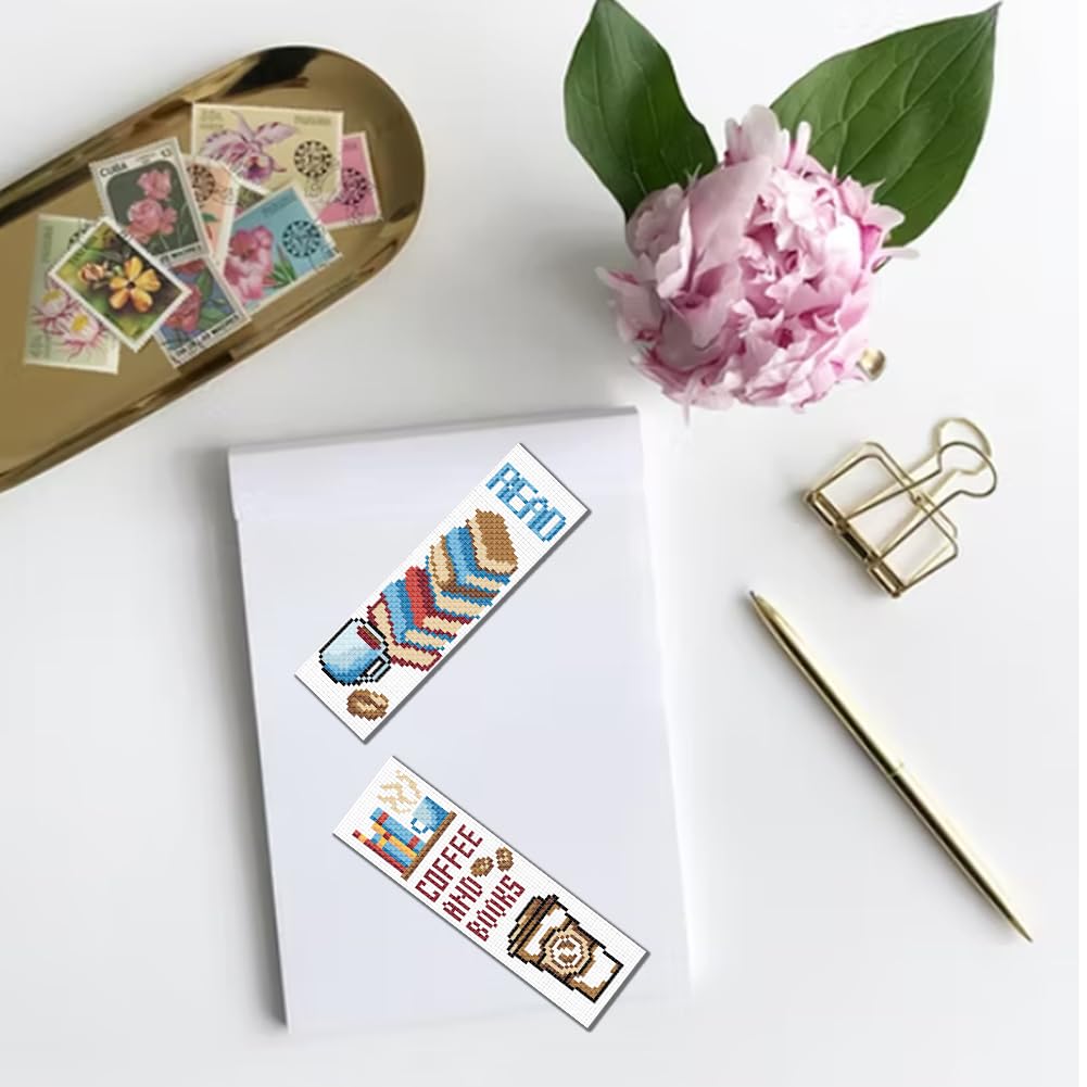 FREEBLOSS 6-Piece Cross Stitch Bookmark Kit - DIY Embroidery Kit with Coffee & Books Patterns, Stamped Design, Instructions - Perfect Gift for Adults (8.67''x3'') - Great for Book Lovers, Coffee Enthusiasts & Handmade Craft Gifts