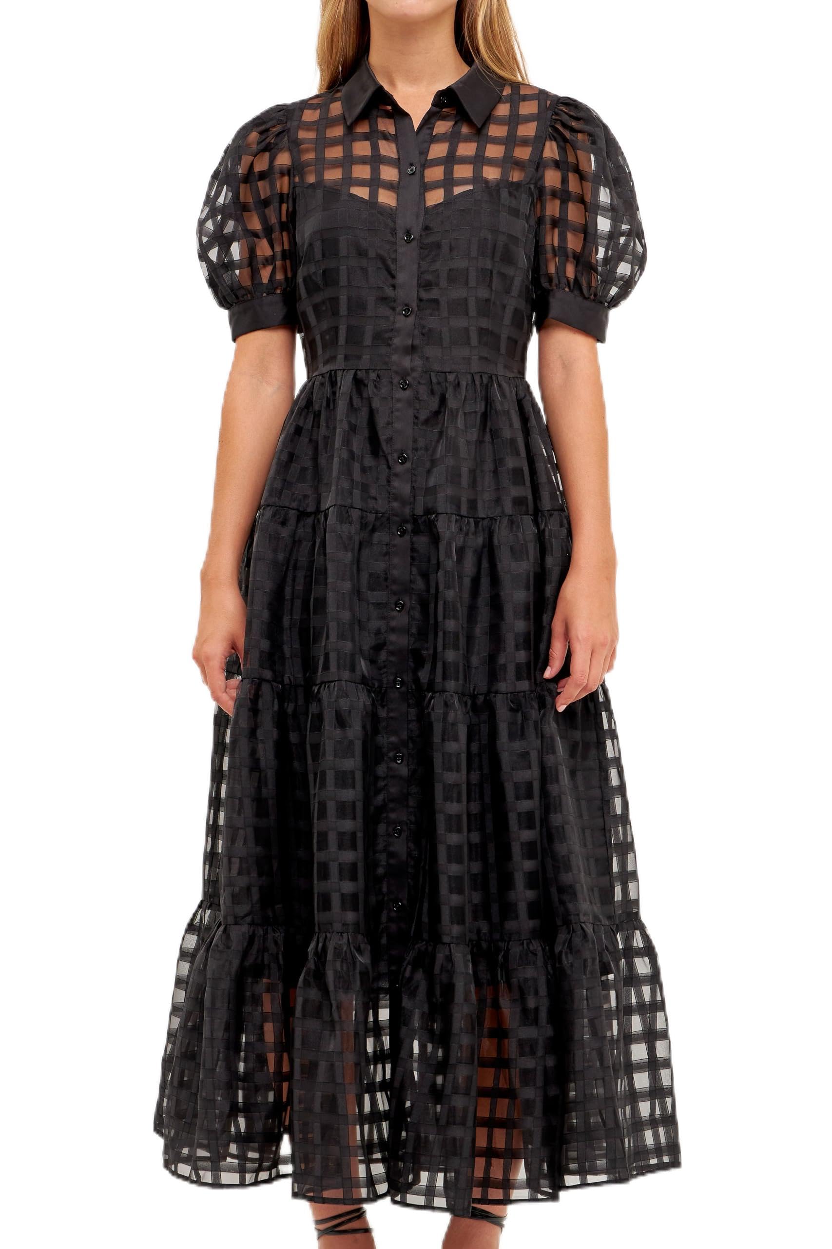 English Factory Women's Gridded Organza Tiered Maxi Dress - Elegant Flowy Summer Wedding Guest Dress for Beach Parties & Formal Occasions