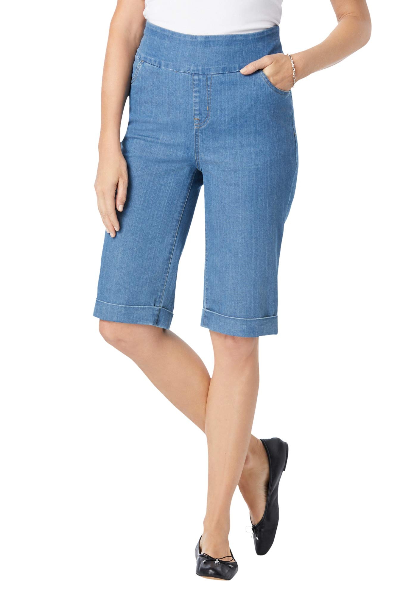 Woman Within Women's Plus Size Pull-On Denim Shorts - Comfortable Stretch Denim Shorts for Curvy Women | Perfect for Summer, Casual Outings & Beach Vacations