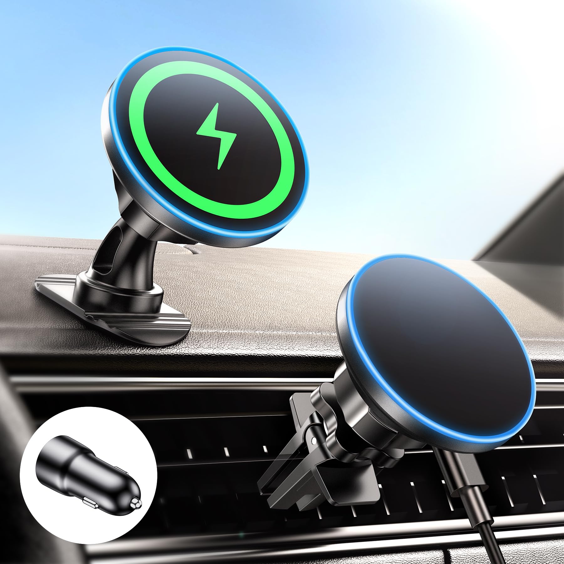 BHHB 15W 2-in-1 Magnetic Wireless Car Charger & Phone Holder - Magsafe Compatible for iPhone 16/15/14/13/12 Series - Dashboard/Vent Mount with Fast Charging Adapter - Perfect for Commuting, Road Trips & Hands-Free Driving
