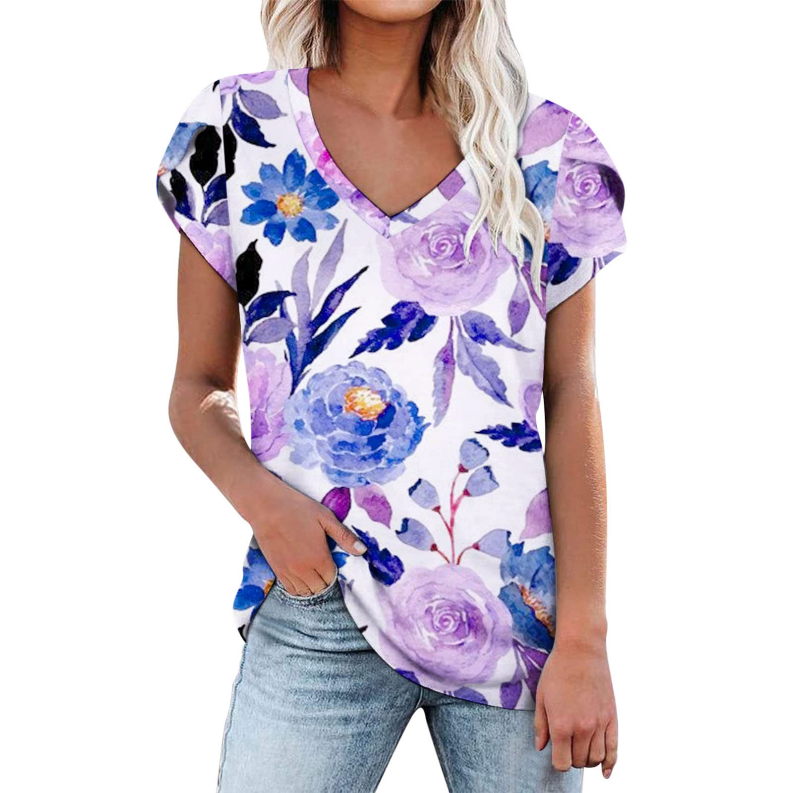 Women's Floral Print V-Neck T-Shirt - Casual Short Sleeve Blouse for Summer | Perfect for Beach Outings, Picnics & Everyday Wear