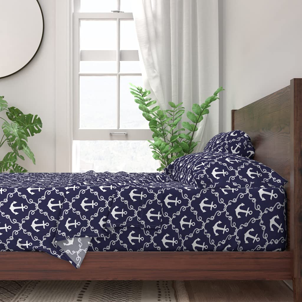 100% Cotton Queen 4-Piece Sheet Set - Navy Anchor Damask Nautical Print | Soft Breathable Bedding for Beach House & Coastal Decor | Perfect for Guest Rooms, Vacation Homes & Nautical-Themed Bedrooms