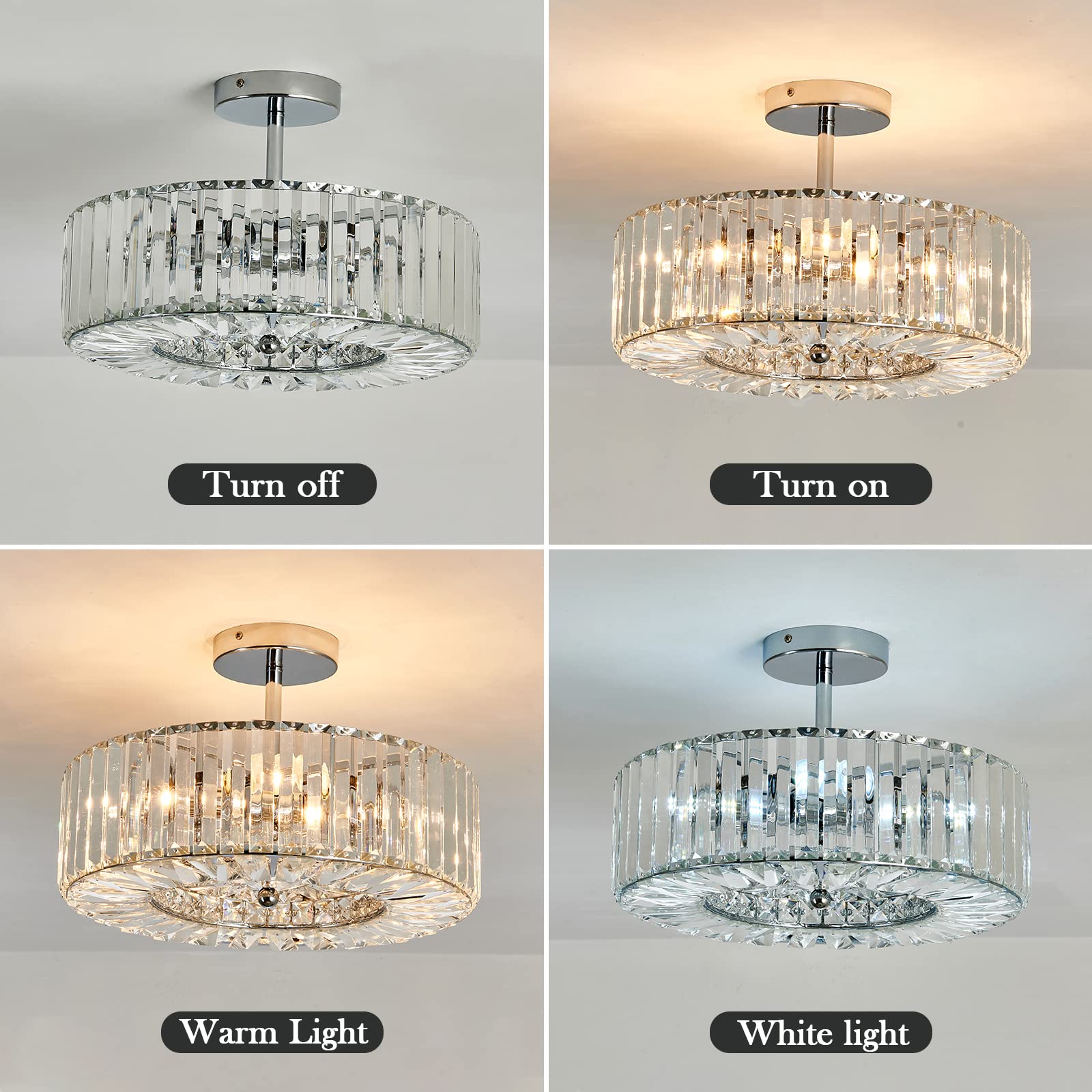 4-Light Modern Crystal Chandelier - Round Semi-Flush Mount Ceiling Light Fixture in Chrome Finish - Farmhouse Style Lighting for Dining Room, Living Room, Bedroom, Hallway, Entryway & Kitchen - Perfect for Home Decor, Wedding Venues and Restaurant Ambiance