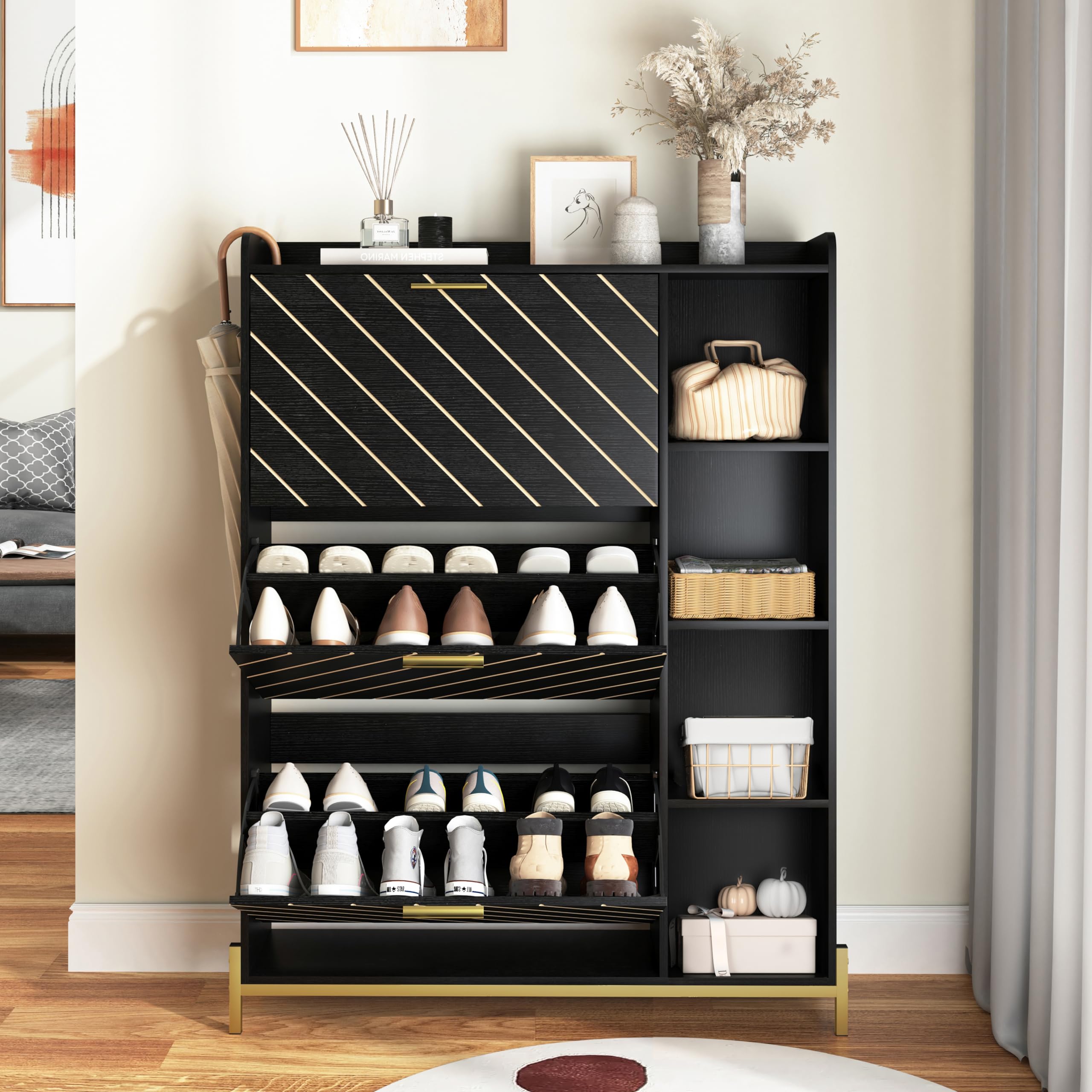 Wooden Shoe Cabinet Organizer with 3 Flip Drawers & 2 Adjustable Shelves - Open Storage Rack for Entryway, Closet, or Door Entrance - Perfect for Heels, Boots, Slippers & Narrow Spaces (Black) - Ideal for Small Apartments, Mudrooms & Organized Home Entryways