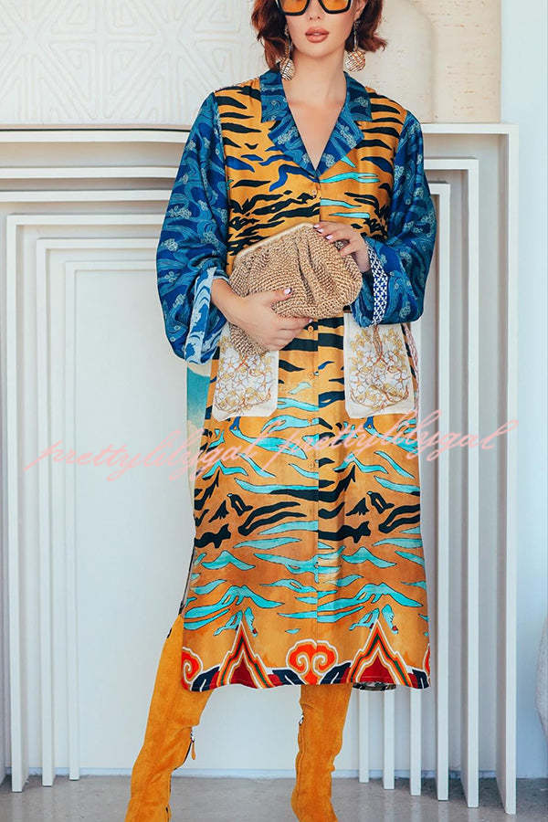 Exotic Tropical Jungle Tiger Print Long Sleeve Belted Kimono Coat with Pockets - Boho Chic Outerwear for Women, Perfect for Beach Cover-ups, Music Festivals & Casual Loungewear