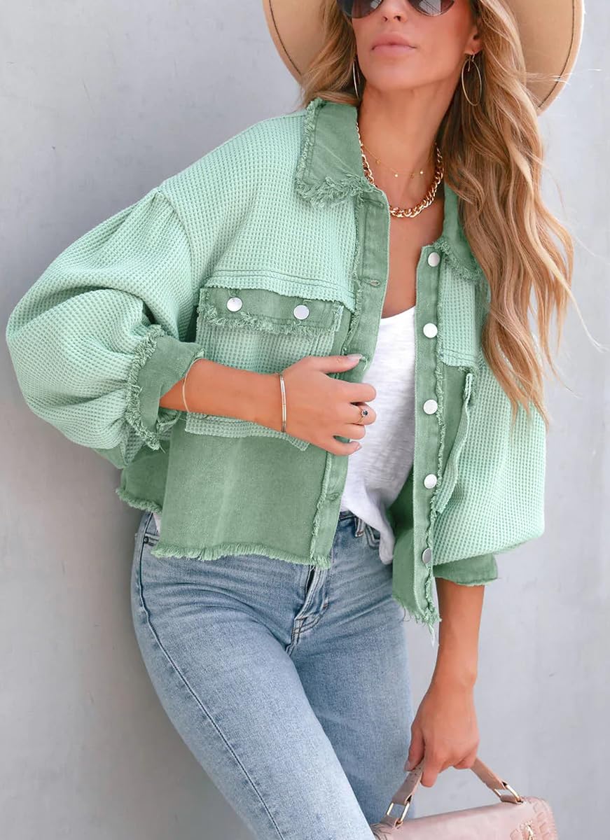 Women's Cropped Waffle Knit Jacket - Boyfriend Style Button Down Shacket Top for Casual Outfits & Layering | Perfect for Fall, Spring & Cozy Date Nights