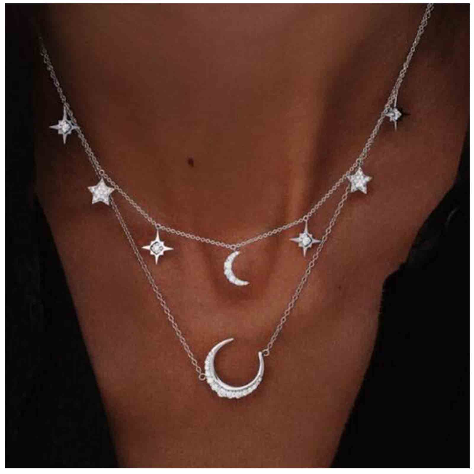 Boho CZ Moon & Star Necklace - Silver Layered Choker with Rhinestone Crescent Pendant | Women's Festival Jewelry for Concerts, Raves & Boho Fashion
