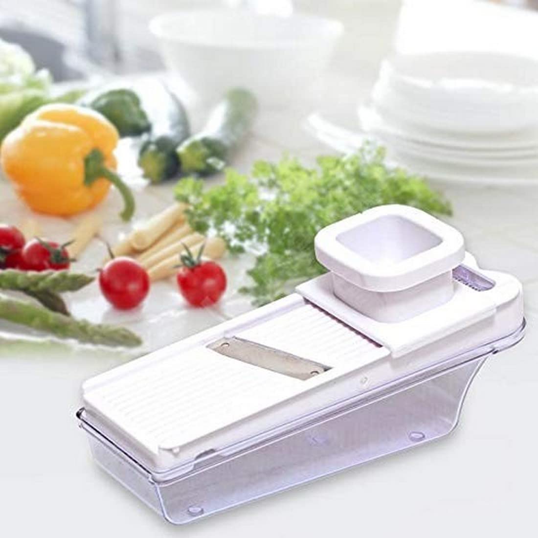 Premium Stainless Steel Garlic Ginger Slicer & Grater with Adjustable Thickness & Hand Guard - Multi-Purpose Vegetable Cutter for Onions, Carrots, Potatoes - Includes Storage Container - Perfect for Cooking, Meal Prep & Kitchen Organization