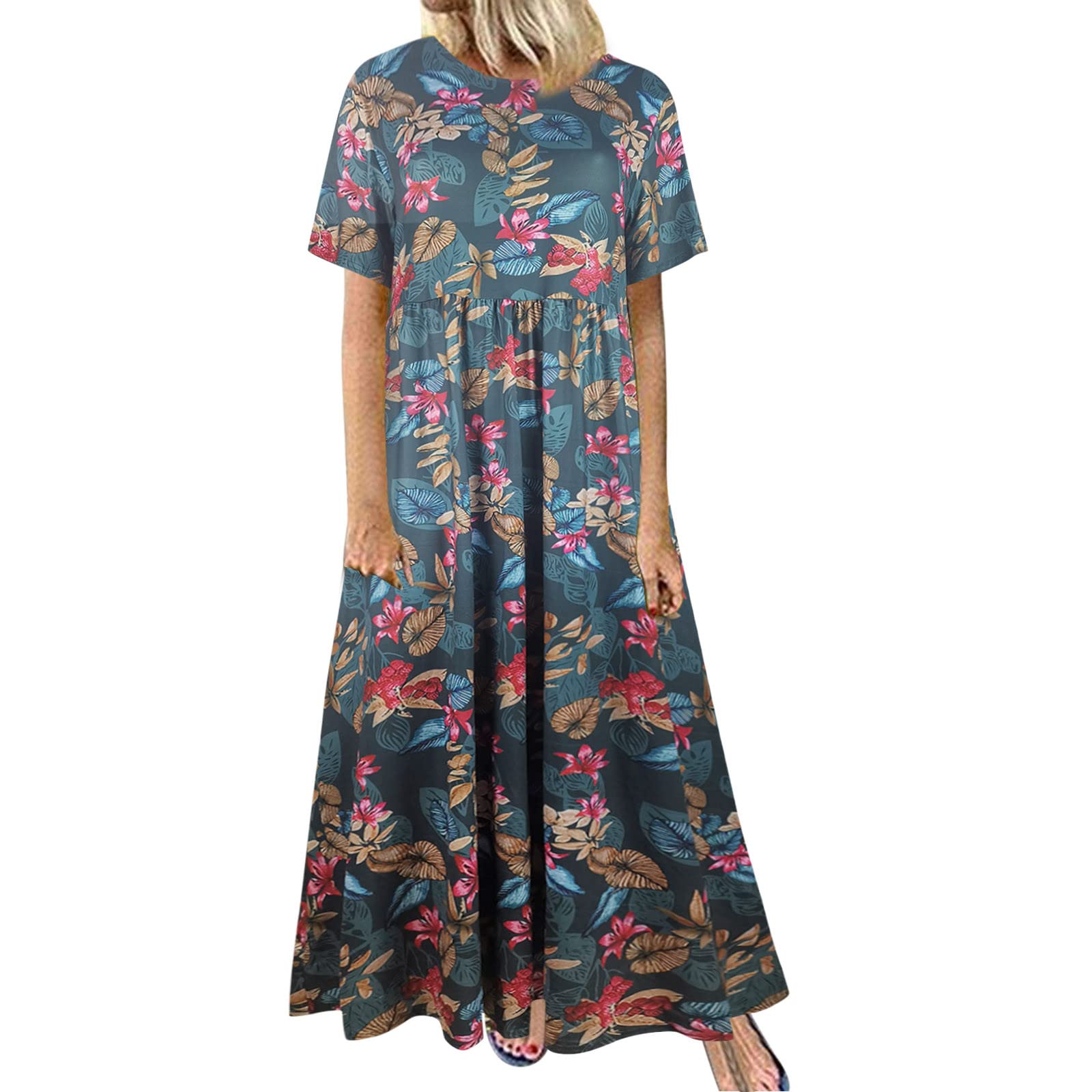 Vintage Floral Maxi Dress for Women - Short Sleeve Crewneck Casual Long Dress for Summer, Beach, Party & Special Occasions