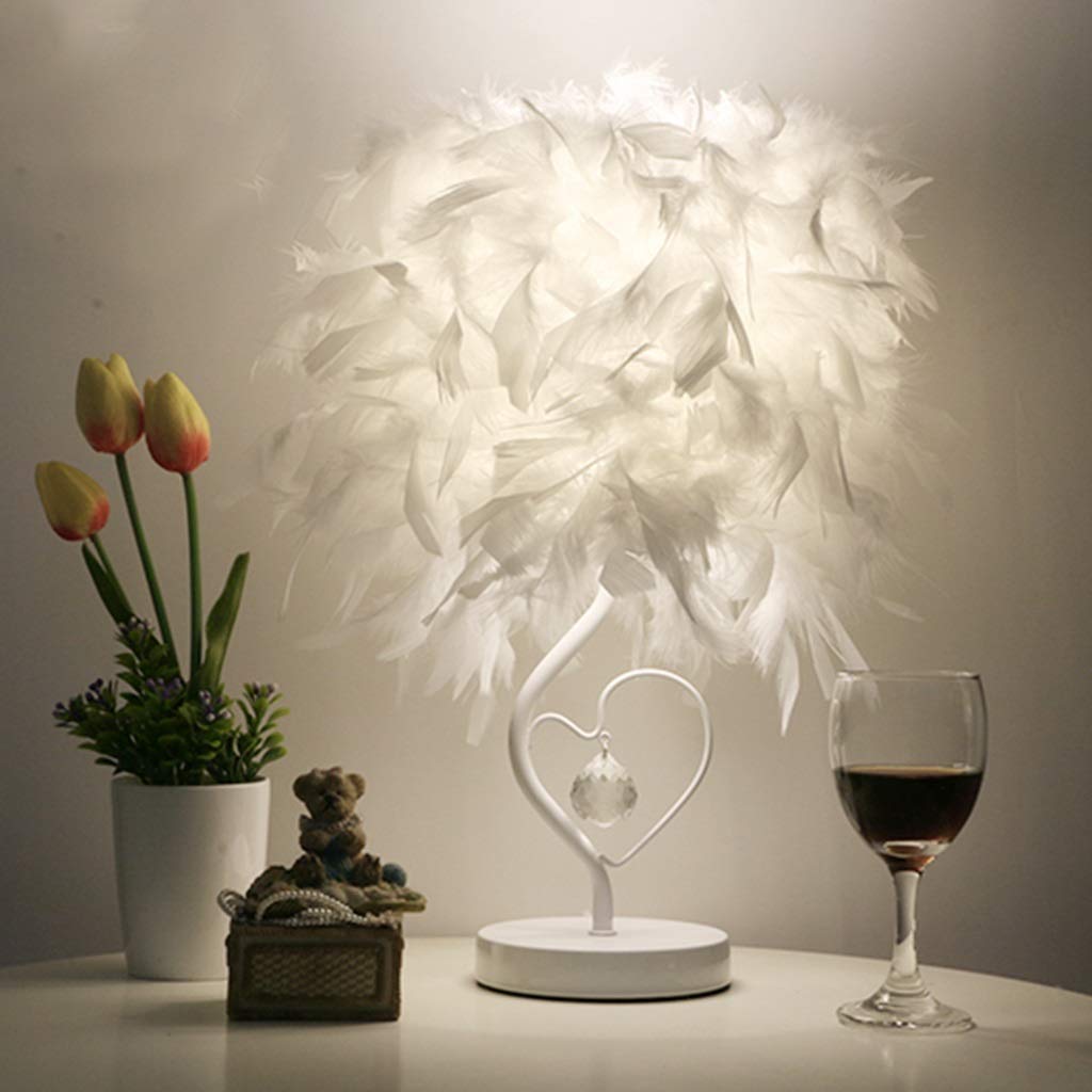 Heart Shaped White Feather Decorative Table Lamp with Crystal Base - Elegant Bedside Nightstand Light for Bedroom, Living Room, or Office (White)