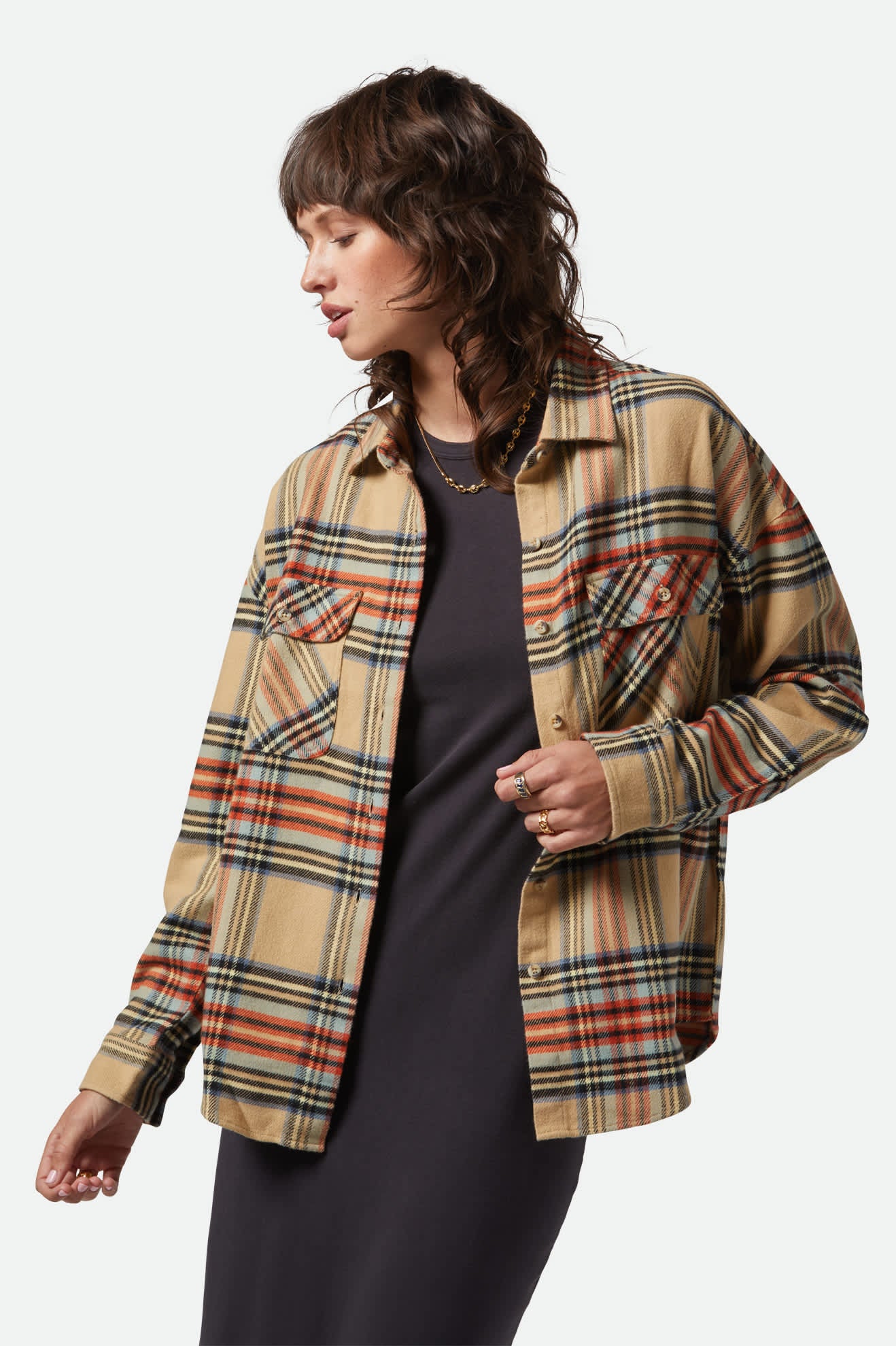 Bowery Women's Classic Long Sleeve Flannel Shirt - Sand, Burnt Brick & Black Plaid - Cozy Fall & Winter Layering for Casual Outfits