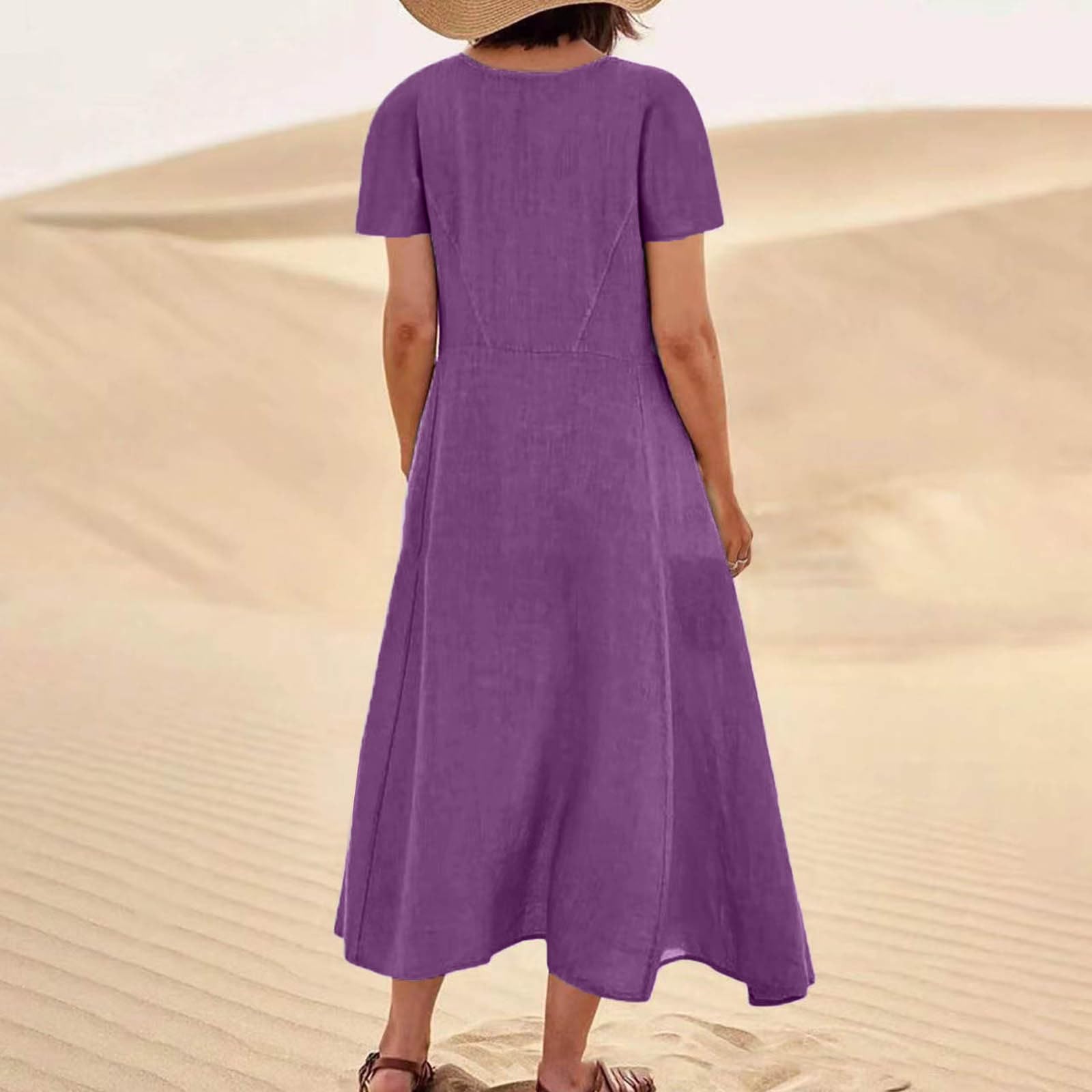 Women's Linen Sundress 2025 - Short Sleeve Crewneck Flowy Maxi Dress with Pockets | Plus Size Beach Coverup, Casual Summer Dress for Vacation, Outdoor & Boho Style