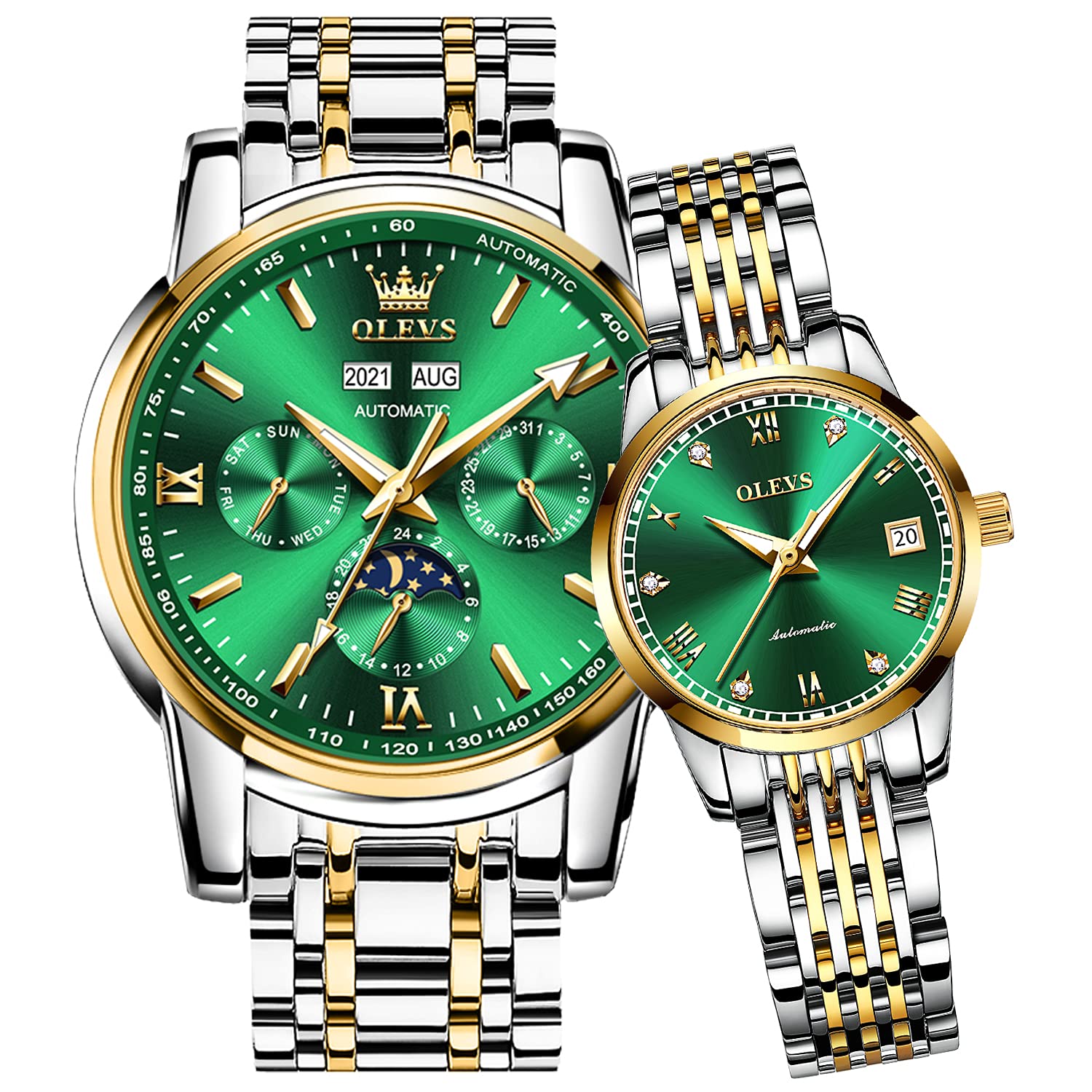 OLEVS Automatic Couple Watches for Men and Women - His and Hers Matching Mechanical Self-Winding Tourbillon Dress Watches with Day Date Calendar, Big Face, Two Tone - Perfect Anniversary Gift for Couples, Wedding Present, Romantic Gift Idea