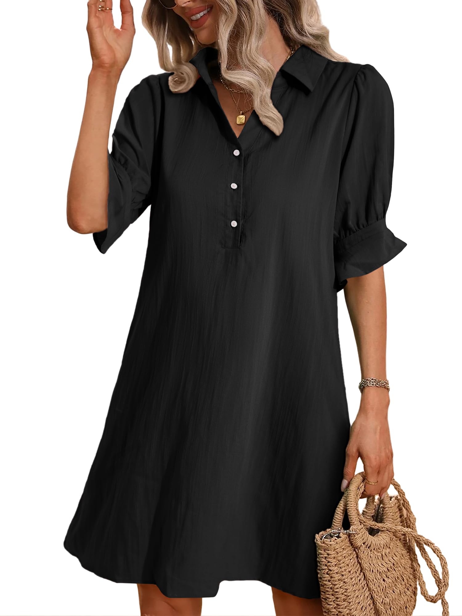 FENSACE Women's Casual Shirt Dress with Ruffle Sleeves & Pockets - Button Down Summer Shift Dress for Work, Travel & Beach Outings