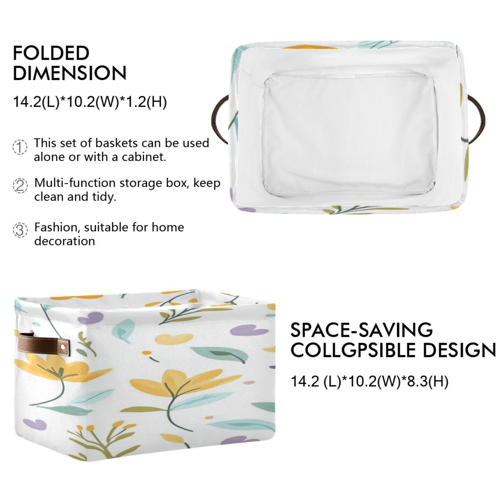 Large Foldable Storage Baskets with Handles - 2 Pack Gold Leaf Organizing Bins for Closet, Shelves & Home Organization | Perfect for Bedroom, Bathroom & Kids Room Storage Solutions