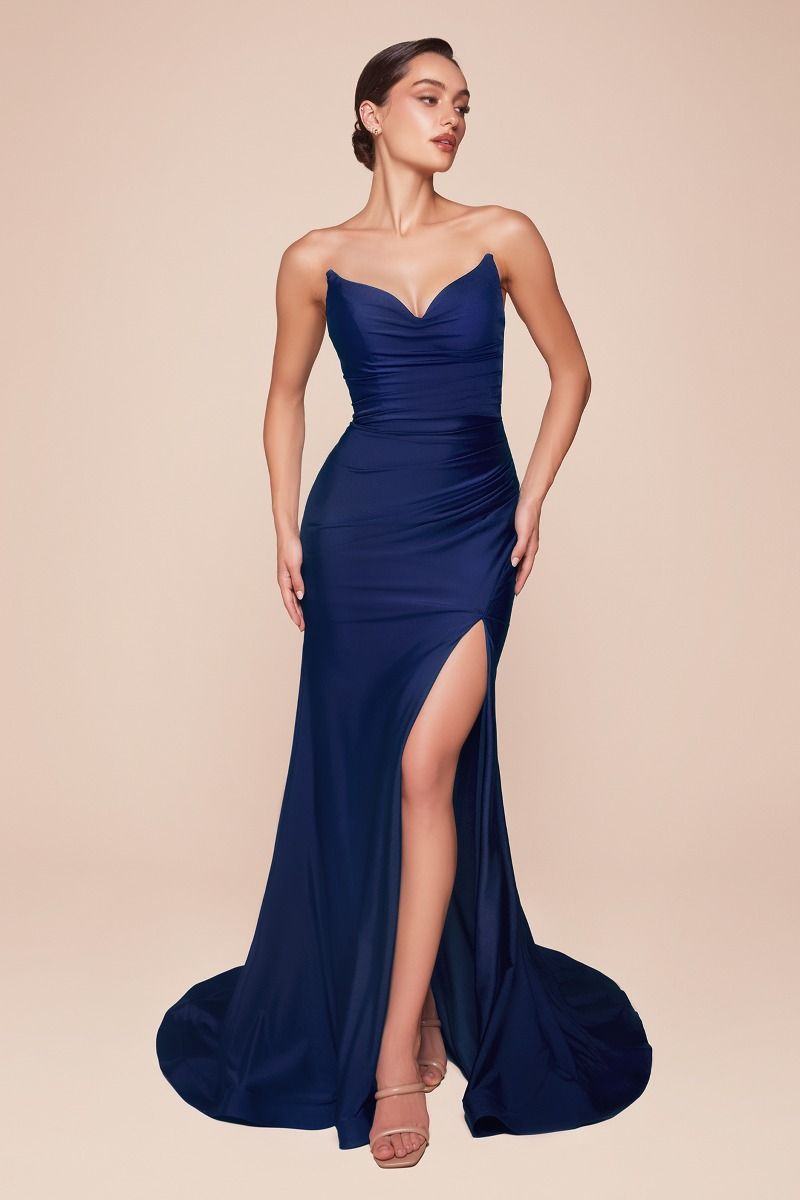 Strapless Stretch Spandex Satin Fitted Gown - Pointed V Neckline Ava Gown in Navy | Perfect for Evening Parties, Prom, Cocktail Dresses & Special Occasions