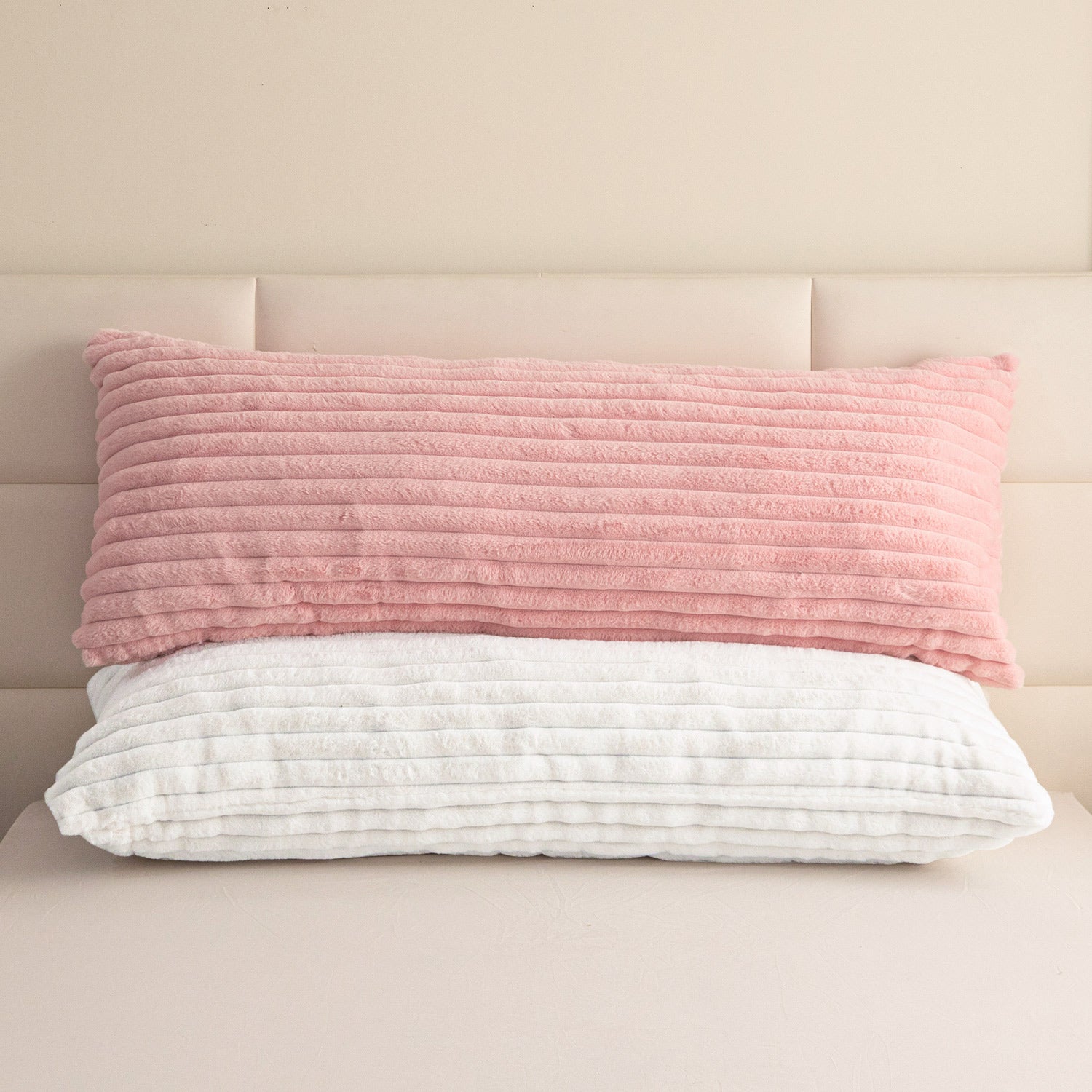 MAXYOYO Ultra Soft Striped Faux Fur Body Pillow - 20x54 Inch Long Hugging Pillow for Adults, Pink - Perfect for Side Sleepers, Pregnancy Support & Couch Lounging
