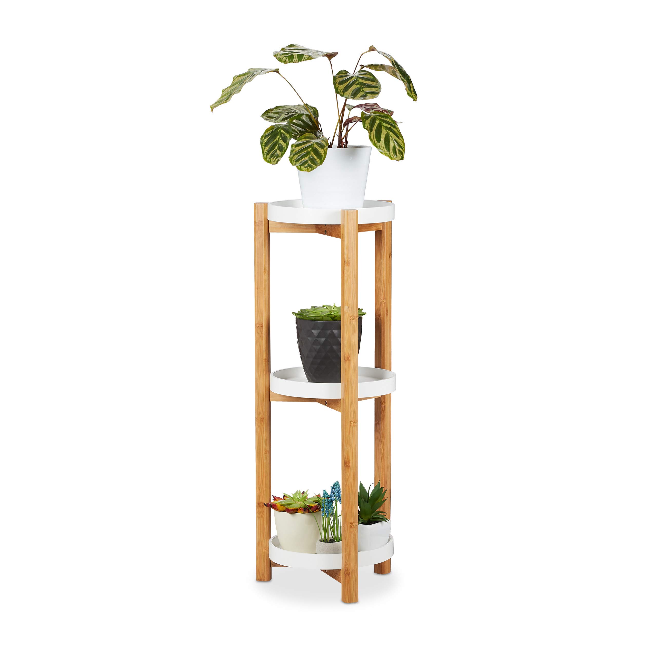 3-Tier Bamboo & MDF Modern Plant Stand - Round Indoor Shelving for Plants (79x30x30cm) - Natural/White - Perfect for Living Room, Balcony & Home Decor