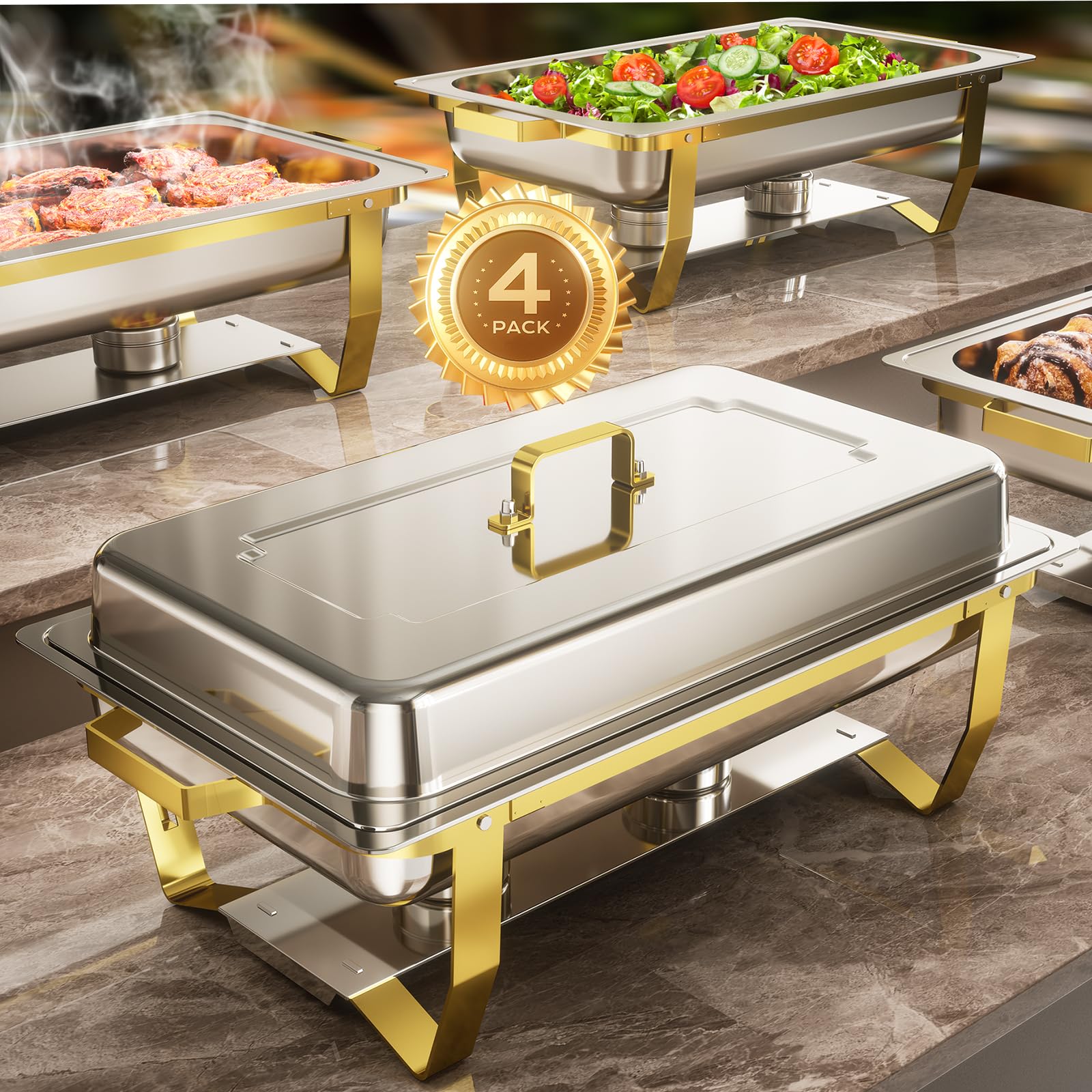 4-Pack Stainless Steel Buffet Chafing Dishes Set - 8QT Elegant & Sturdy Food Warmers for Catering, Weddings, Parties (Gold & Silver) - Keep Meals Hot at Events, Banquets & Buffet Serving