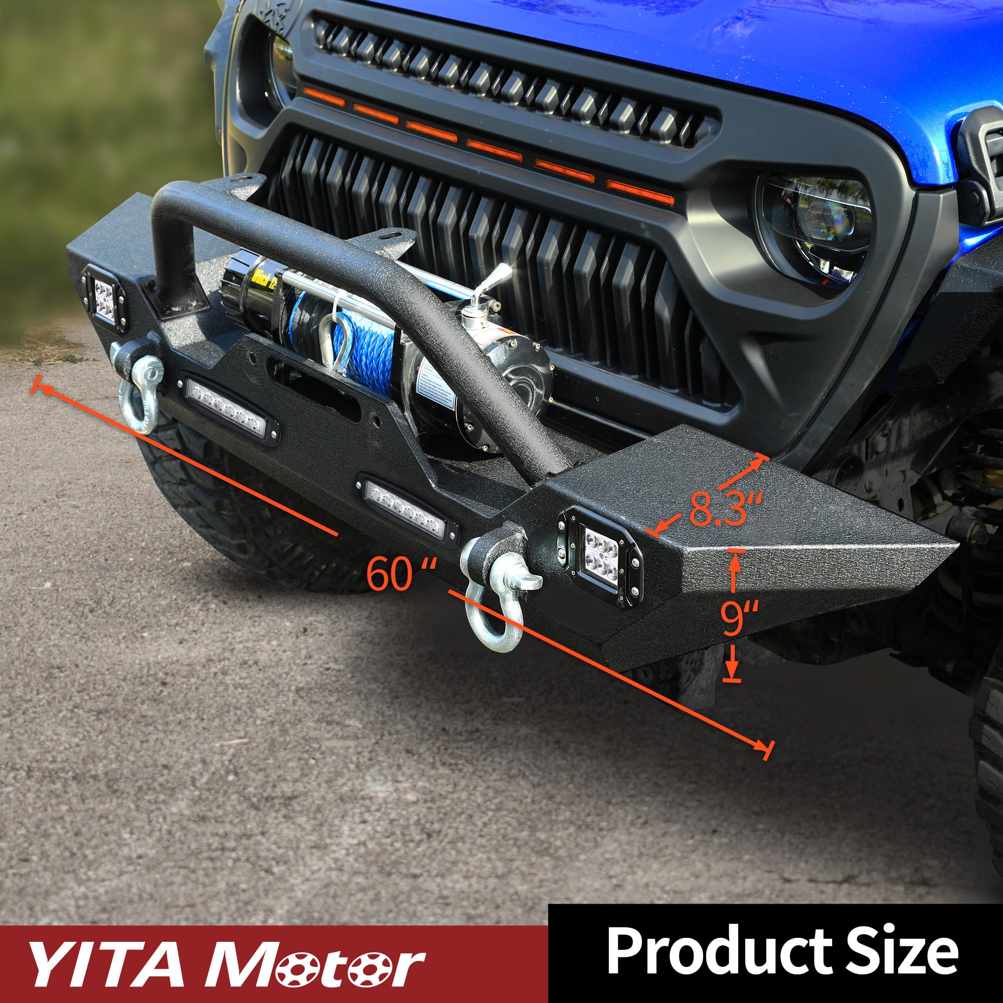 YITAMOTOR Heavy Duty Front Bumper for 2018-2025 Jeep Wrangler JL & 2020-2025 Jeep Gladiator - Rock Crawler Off-Road Bumper with 4 LED Lights & 2 D-Rings - Perfect for Off-Roading, Trail Riding & Jeep Modifications