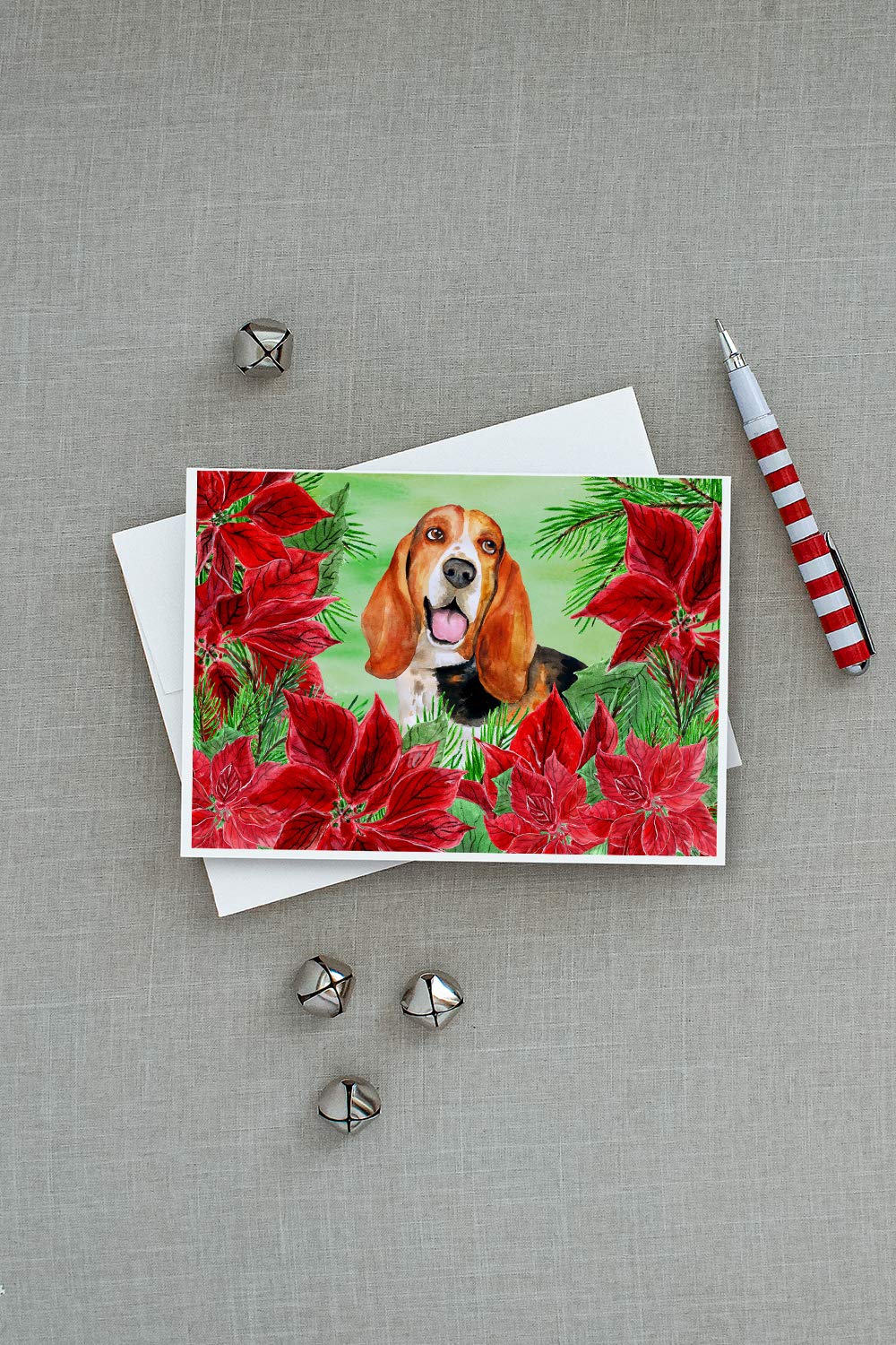 Basset Hound Poinsettia Greeting Cards - Pack of 8 Blank A7 Note Cards with Envelopes (5x7 Inches) | Whimsical Dog Christmas Stationery for Holiday Greetings, Thank You Notes & Gift Cards