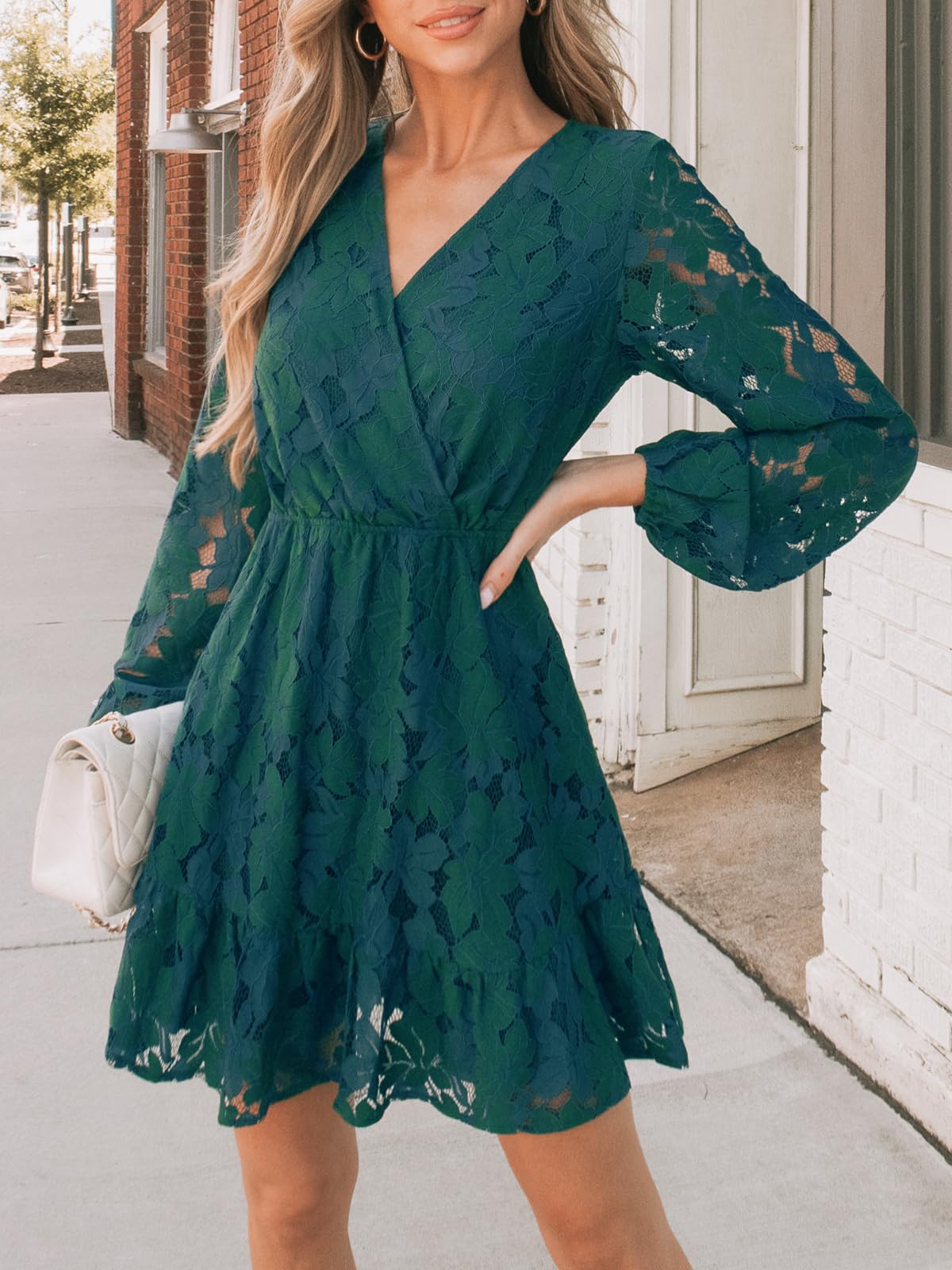 CUPSHE Women's Elegant V-Neck Lace Peasant Sleeve Summer Dress - High Waist A-Line Mini Dress for Wedding Guest, Beach Party & Casual Outings
