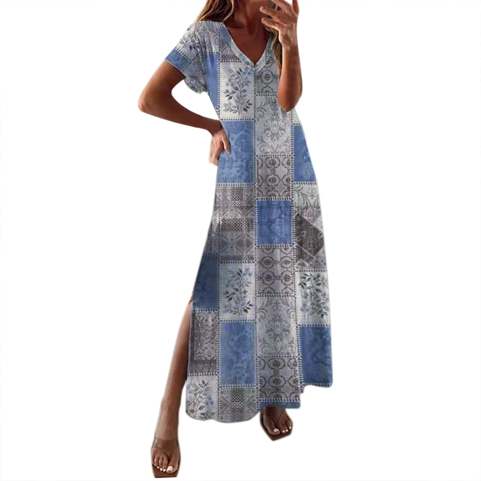 Women's Floral Print Casual Summer Dress - Loose Fit Short Sleeve Elegant Maxi Dress with Side Slit | Perfect for Beach Vacation, Date Night & Outdoor Parties