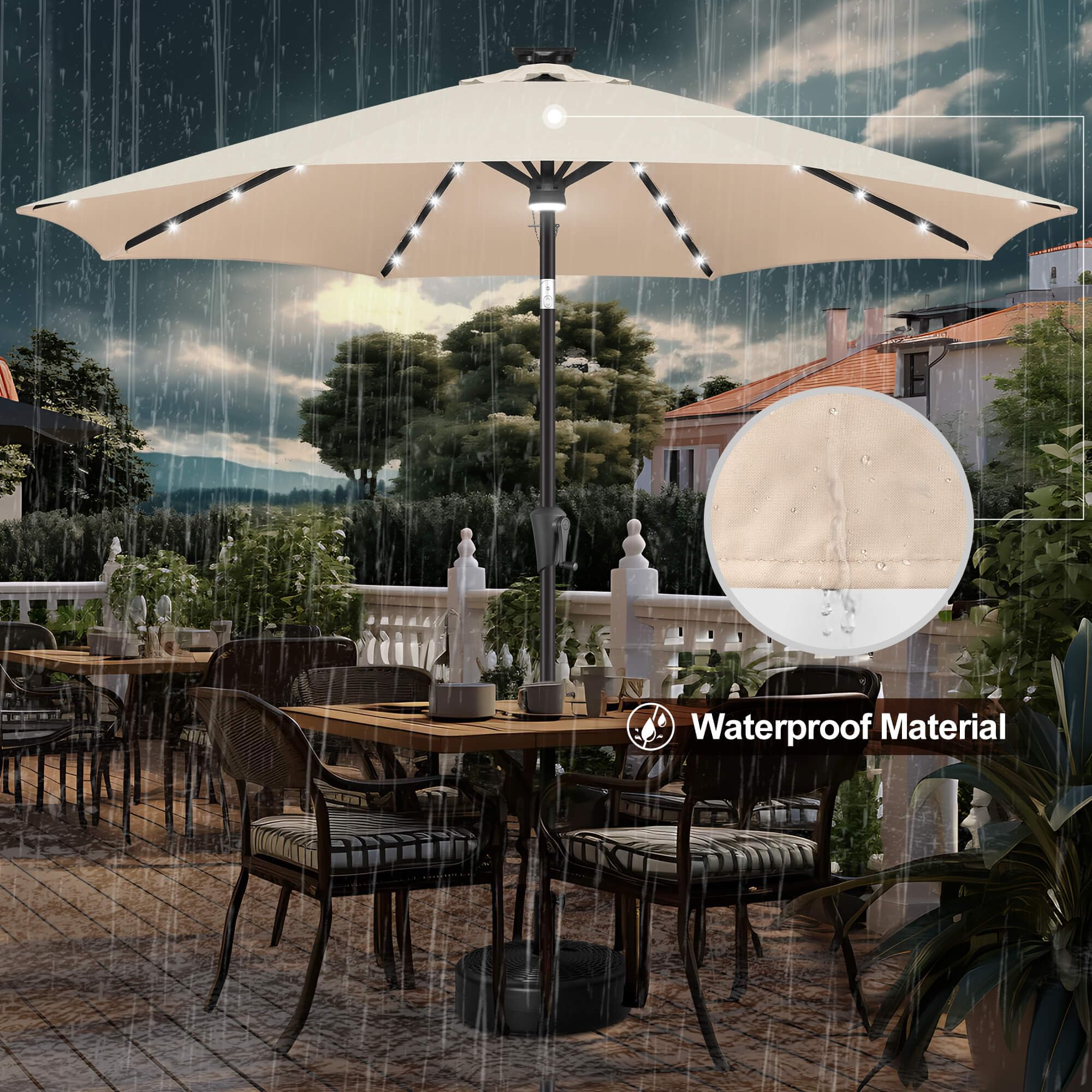 FLAME&SHADE 10 ft Solar Powered Outdoor Patio Umbrella with LED Lights and Tilt - Beige Waterproof Sun Shade for Garden, Poolside, Backyard and Beach