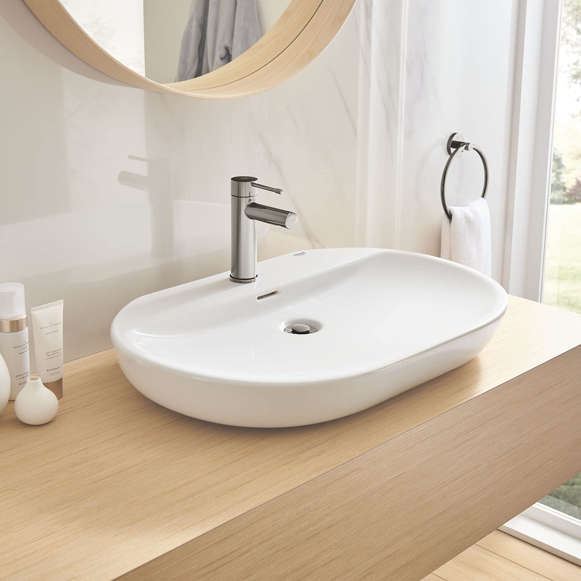 GROHE 39669000 Essence Bathroom Sink Faucet - Alpine White Finish - Single Handle Waterfall Spout for Modern Bathroom & Powder Room Renovation