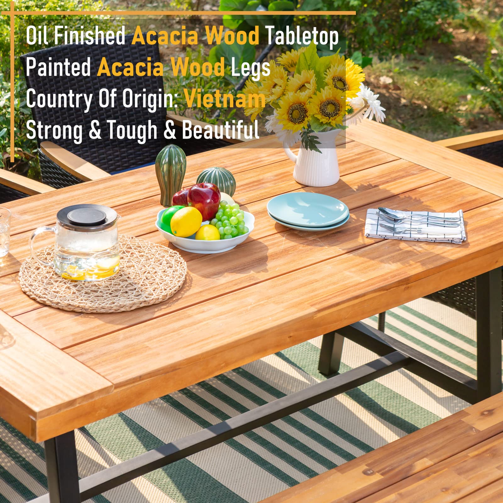 Sophia & William 6-Piece Outdoor Dining Set - 4 PE Rattan Chairs, Acacia Wood Table & Backless Bench with Cushions - Perfect for Porch, Backyard, Poolside & Garden Entertaining