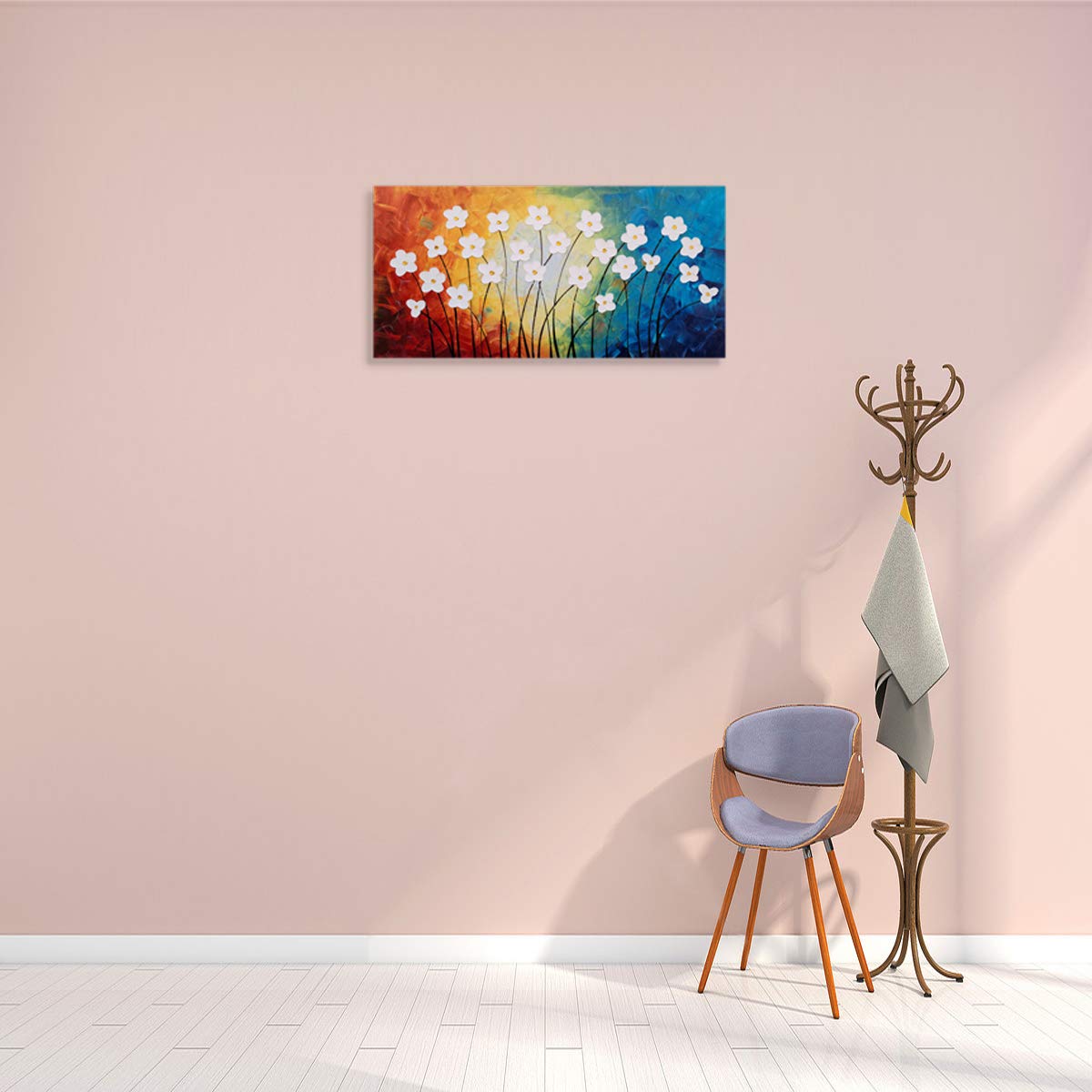 Hand Painted 3D Canvas Oil Painting - Modern Large Floral Wall Art in Light Blue, Yellow, Red & White | Yihui Arts Home Decor for Living Room, Bedroom, Nursery | Perfect for Housewarming Gifts & Interior Design