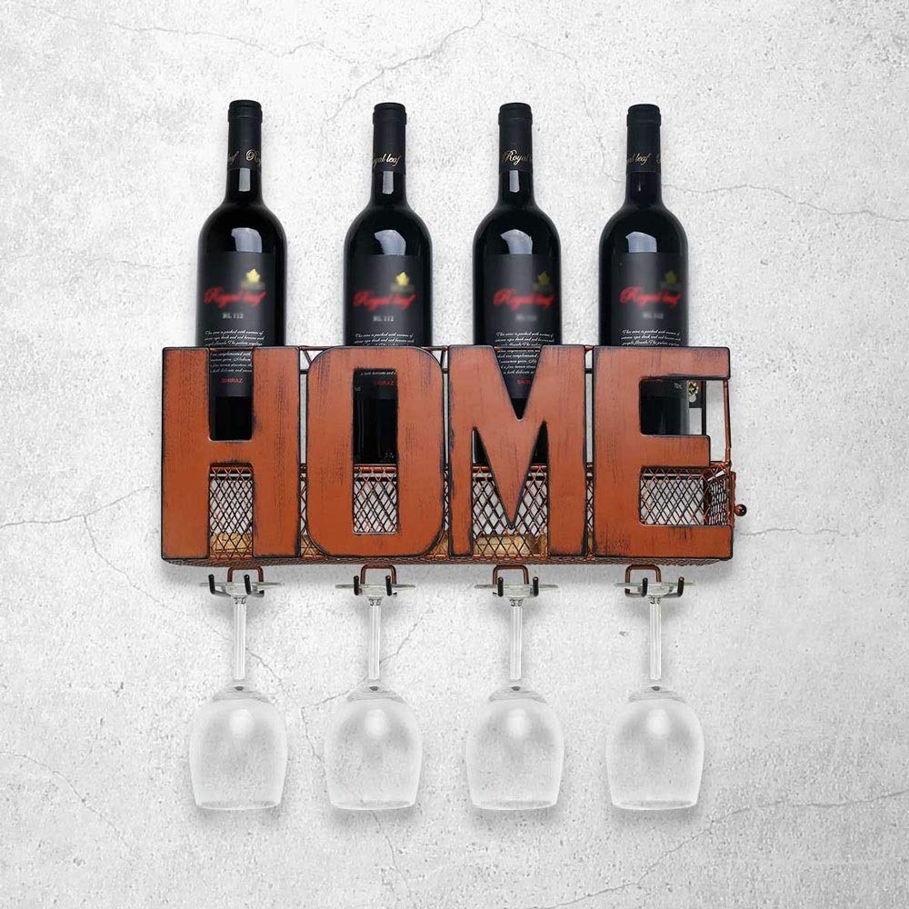 Wall Mounted Metal Wine Rack with 4 Long Stem Glass Holders - Wine Cork & Charms Storage Organizer - Space Saving Kitchen Decor for Home Bar, Dining Room or Pantry