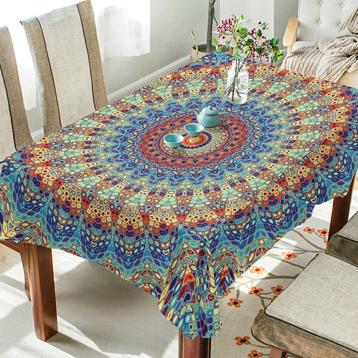 Waterproof & Oil-Resistant 54x54 Inch Mandala Rectangle Tablecloth - Durable Square Table Cover for Dining, Buffet, Party & Outdoor Picnics