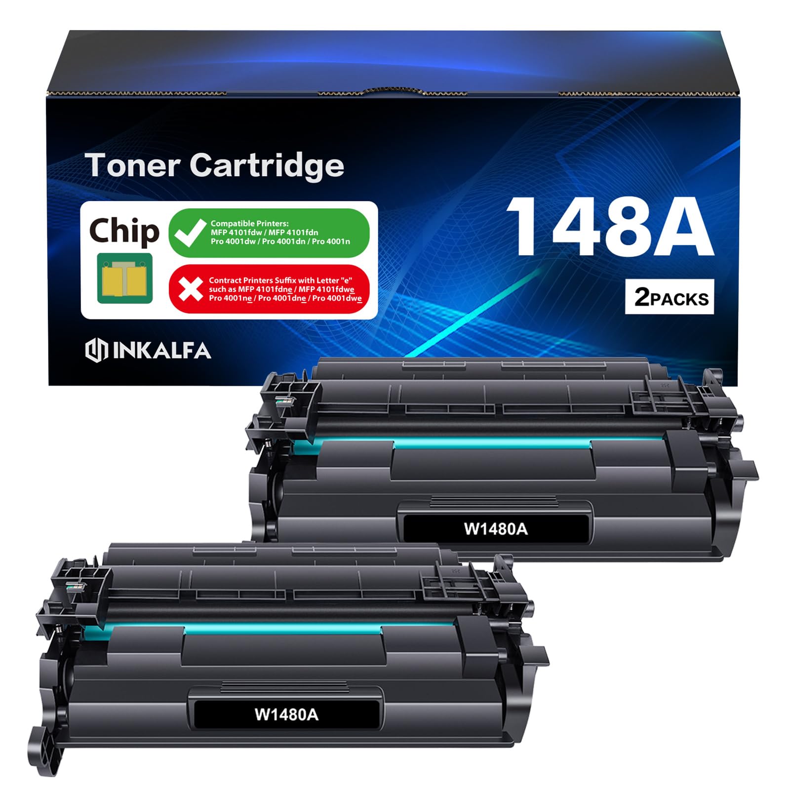 HP 148A 148X Black Toner Cartridge - High Yield Compatible Replacement for HP LaserJet Pro MFP 4101fdw 4101fdn 4001dw 4001dn 4001n Printers (2-Pack with Chip) - Ideal for Office & Home Printing Needs