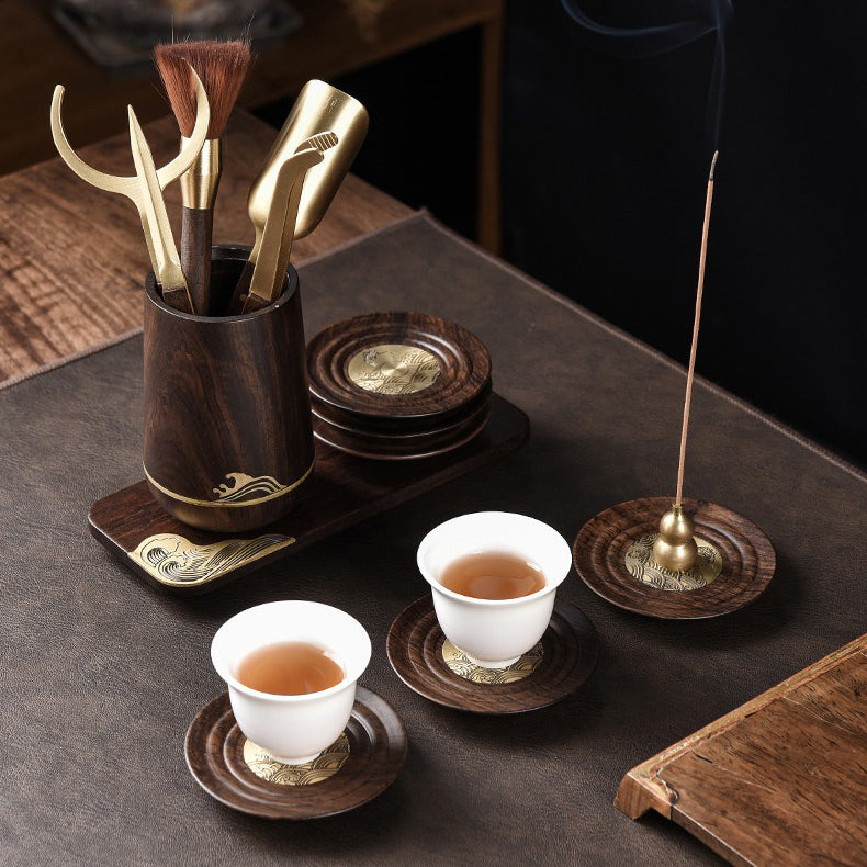 Premium Ebony Wood Tea Set with Cup & Incense Holder - Traditional Japanese Style Tea Ceremony Accessories for Meditation & Relaxation