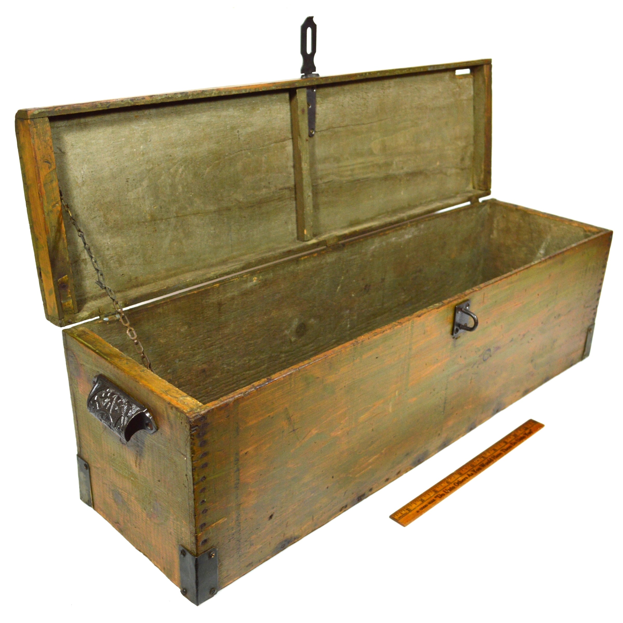 Antique Wood Lock Box with Cast Iron Hardware - 31x9x10 Inches, Long & Skinny, Vintage Green Paint - Perfect for Home Decor, Storage, and Collectibles