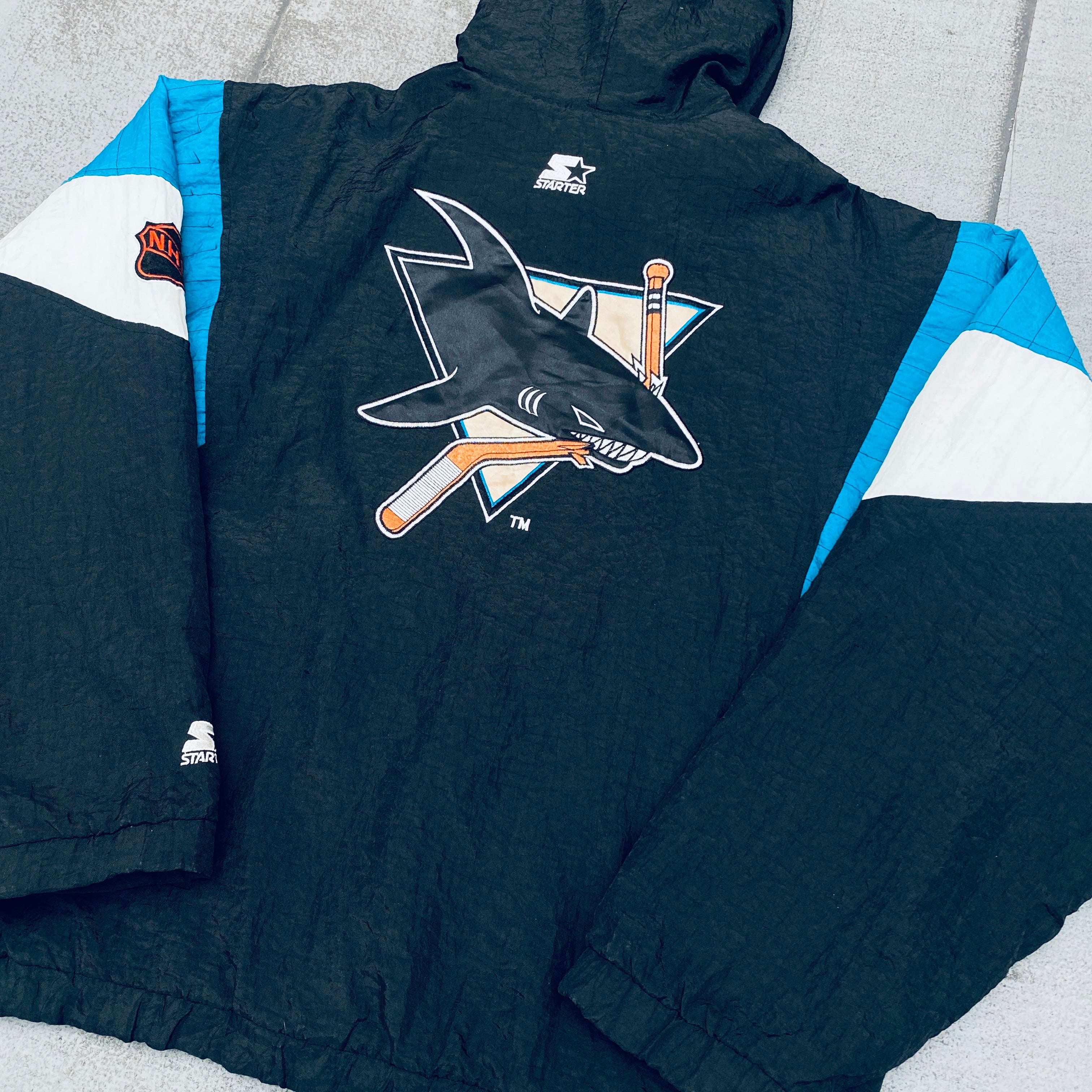 San Jose Sharks 1990s Vintage 1/4 Zip Breakaway Jacket - NHL Hockey Starter Pullover (Large/XL) - Perfect for Game Day, Fan Gear & Retro Sports Fashion