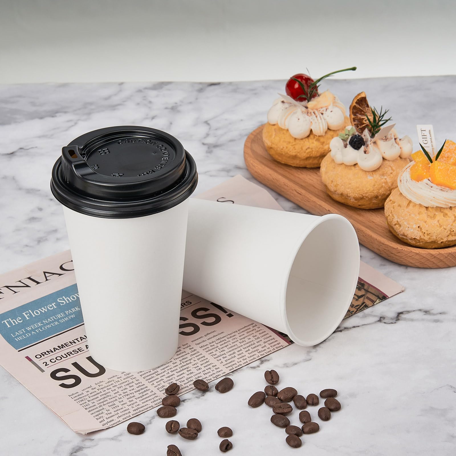 RACETOP 16 oz Disposable Paper Coffee Cups with Lids - 100 Pack Hot Drink Cups for Coffee, Tea, Cocoa - Perfect for Home, Office, Cafes & Parties
