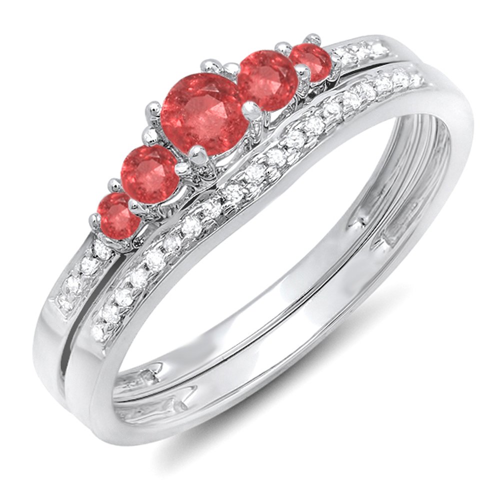 Dazzlingrock Collection 10K Solid White Gold Round Ruby & White Diamond 5-Stone Bridal Engagement Ring Set with Matching Band | Perfect for Weddings, Anniversaries & Special Occasions