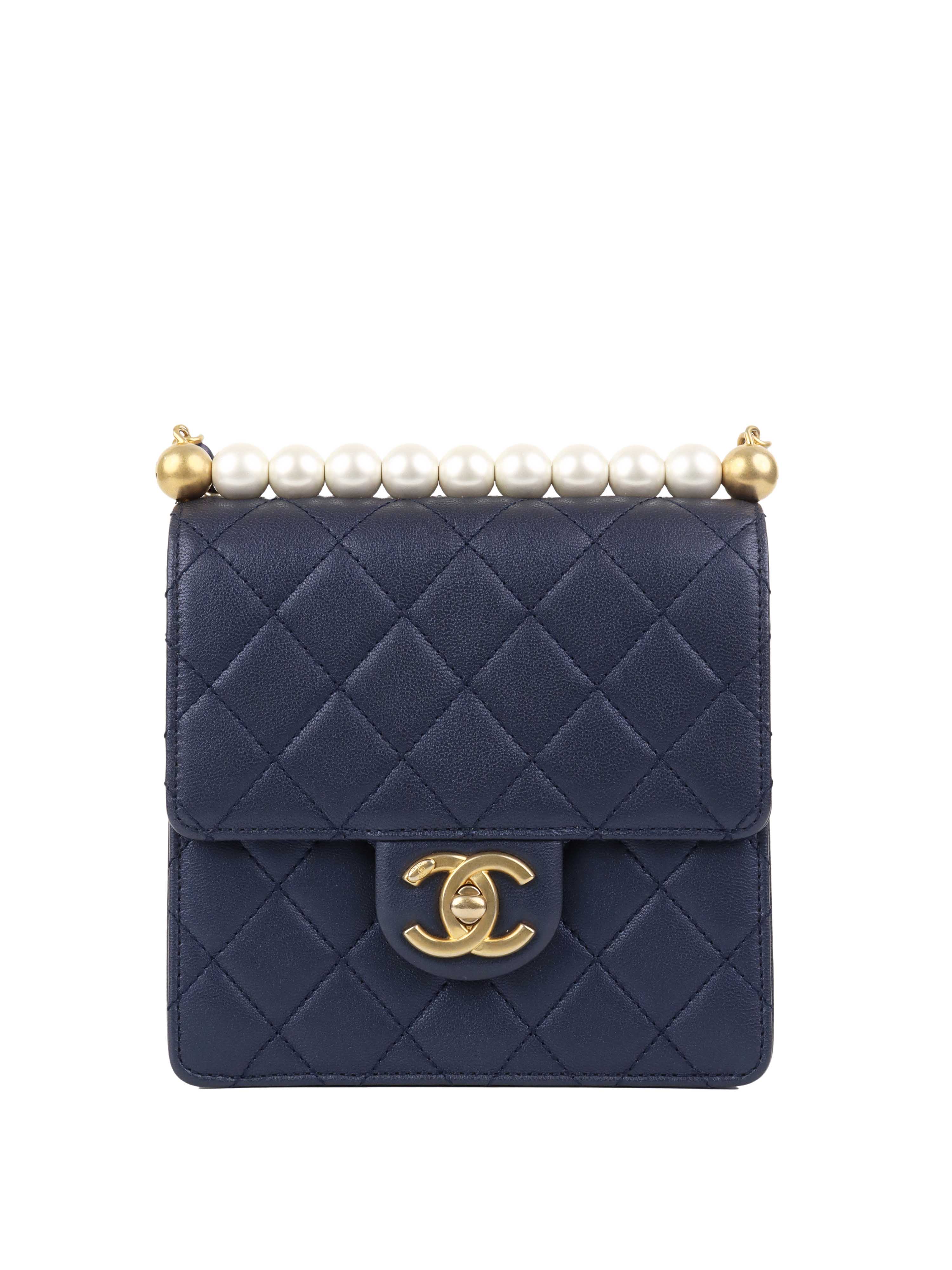 Chanel Navy Iridescent Pearl-Embellished Flap Bag - Luxury Crossbody Purse for Women | Perfect for Evening Parties, Date Nights & Special Occasions