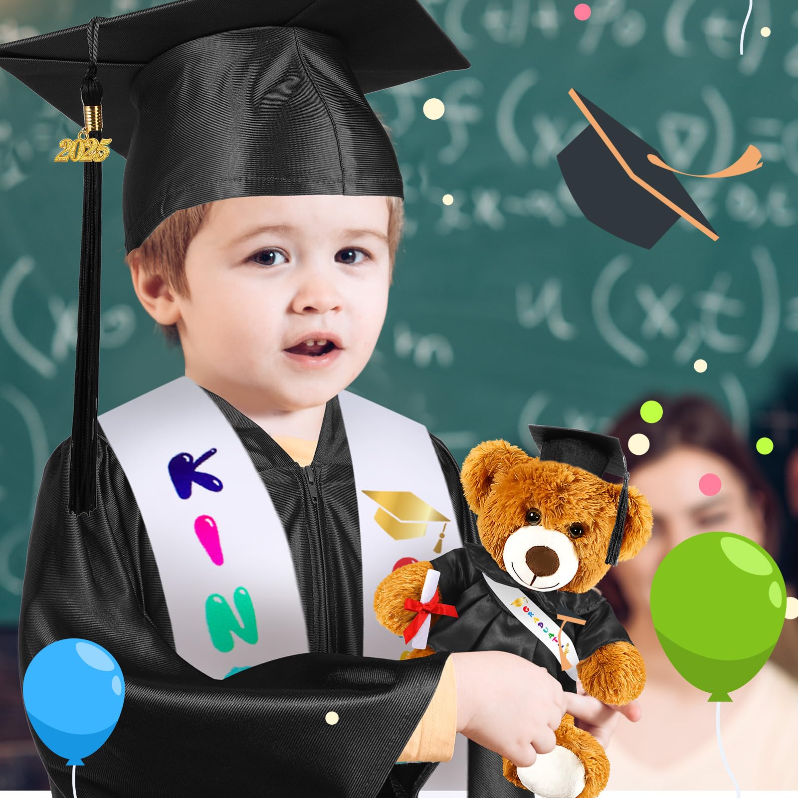 Sintuff 7-Piece Kindergarten Graduation Set - Preschool Graduation Gown, Cap, Stole, Tassel & Sash with Charm Bear - 2024 Graduation Accessories for Boys & Girls - Perfect for Ceremonies, Photo Shoots & Keepsake Gifts