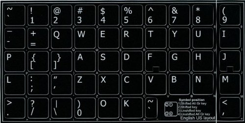 Black Background English US Keyboard Sticker (14x14) - Durable Vinyl Labels for Desktop, Laptop & Notebook - Perfect for Typing Practice, Office Work & Computer Learning