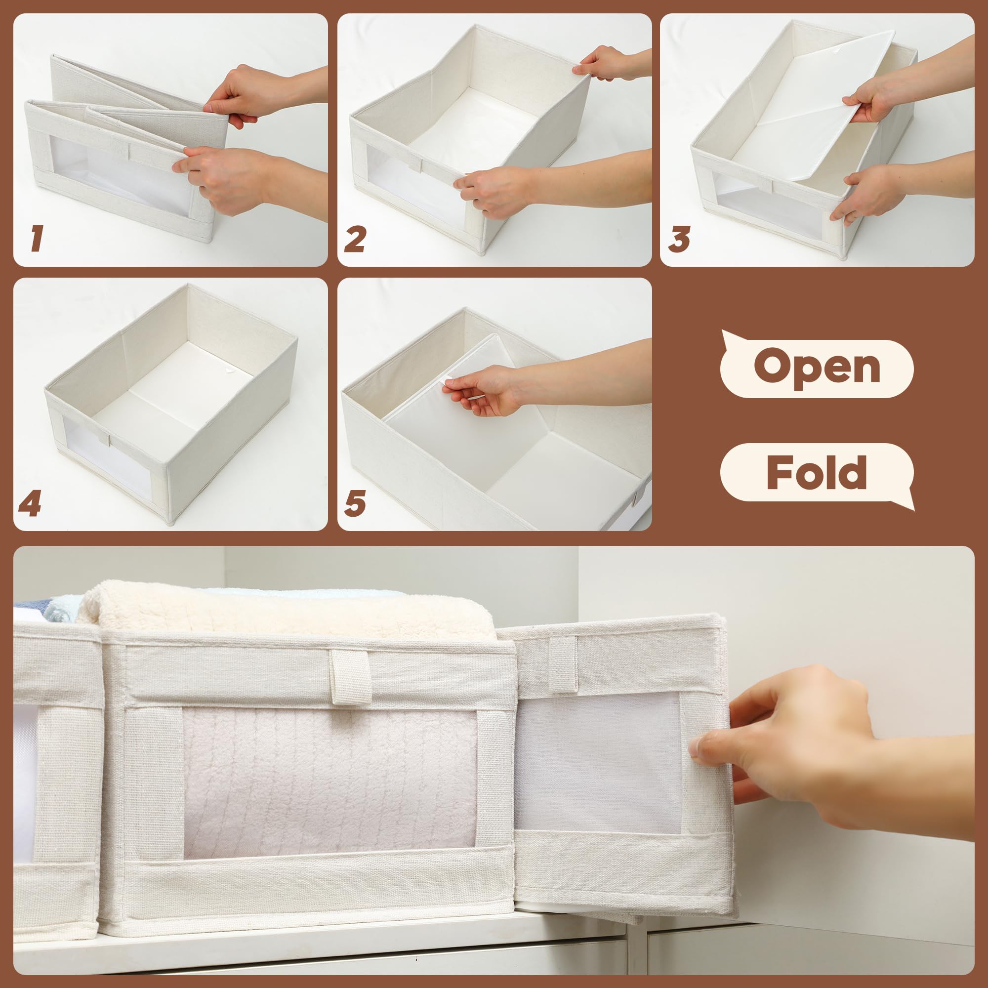 Foldable Linen Closet Organizer with Clear Window - 6 Pack Shelf Storage for Jeans, Shirts, Toys & Sheets | Perfect for Bedroom, Nursery & Laundry Room Organization