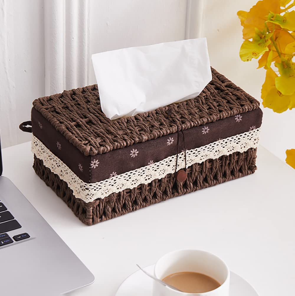 Ebrima Woven Rattan Tissue Box Holder - Fabric Drawer Storage Organizer for Living Room, Dining Room, Coffee Table | Home Decor & Key Storage Solution (Brown) | Perfect for Home, Office & Gift Giving