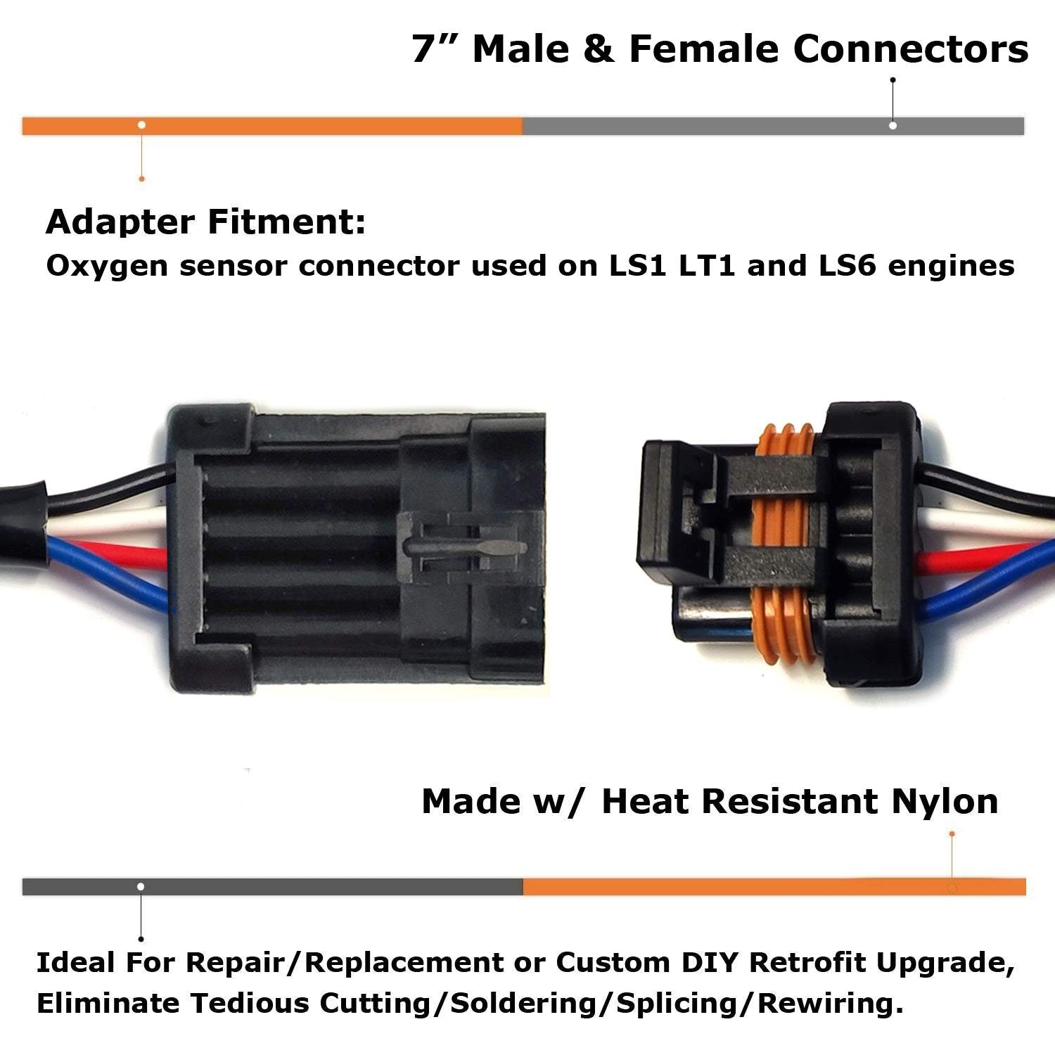 4 Pin GM LS1 LS6 O2 Oxygen Sensor Connector Kit - Female & Male Plugs with 7 Inch Pigtails - Compatible with Chevy, GMC, Cadillac - Perfect for Engine Performance & Emissions Repair