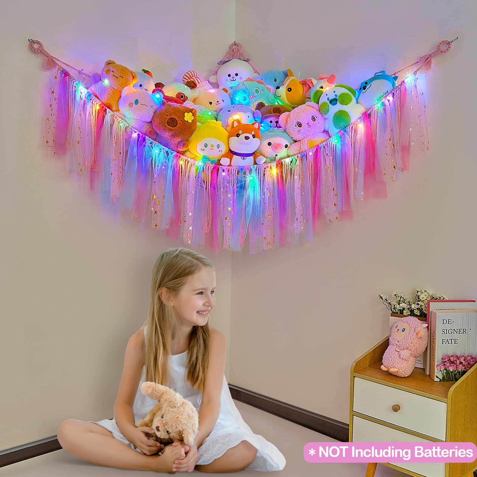 FIOBEE Stuffed Animal Storage Hammock with LED Lights - Hanging Toy Organizer for Kids Bedroom & Nursery Decor - Perfect for Storing Plush Toys, Stuffed Animals & Soft Toys in Style
