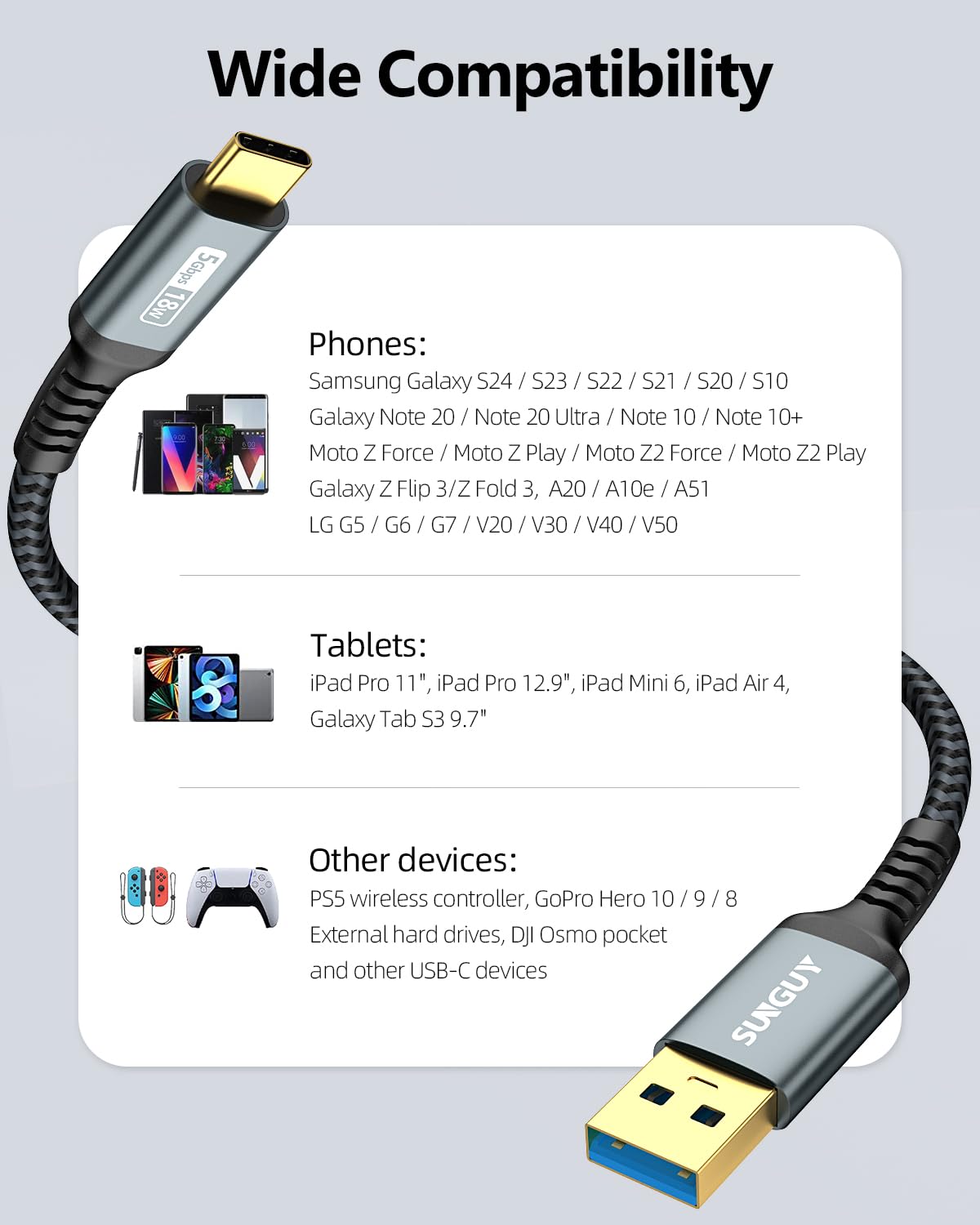 3m USB C Cable Fast Charging 5Gbps - Compatible with iPhone 16/15 Pro Max, Galaxy S24/S23/S22, Android Auto - Durable Type C Charger for Home, Car & Travel