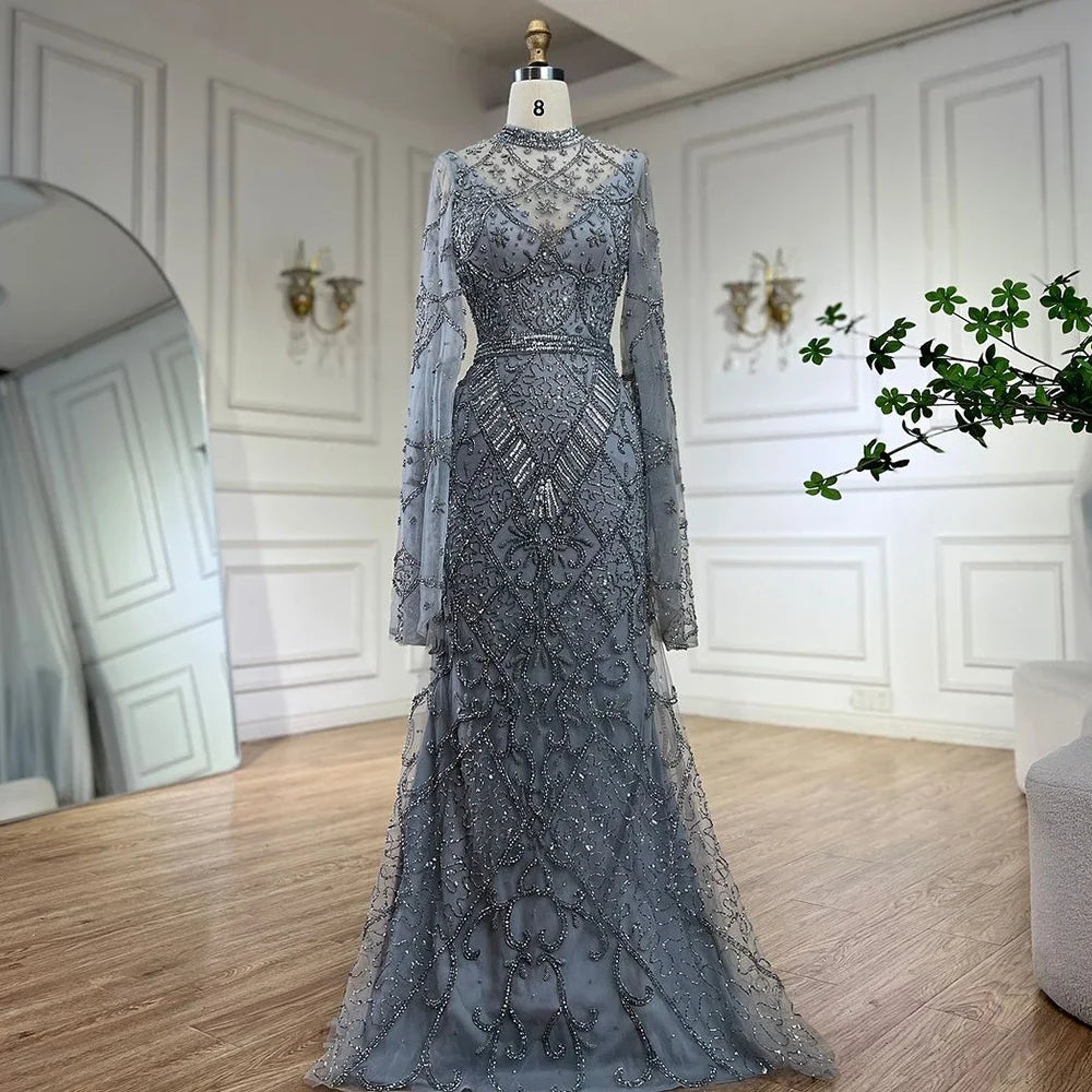Luxury Dubai Muslim Mermaid Evening Dress with Elegant Bell Sleeves & Beaded Details - Formal Gowns for Weddings, Parties & Special Occasions | LA72316A