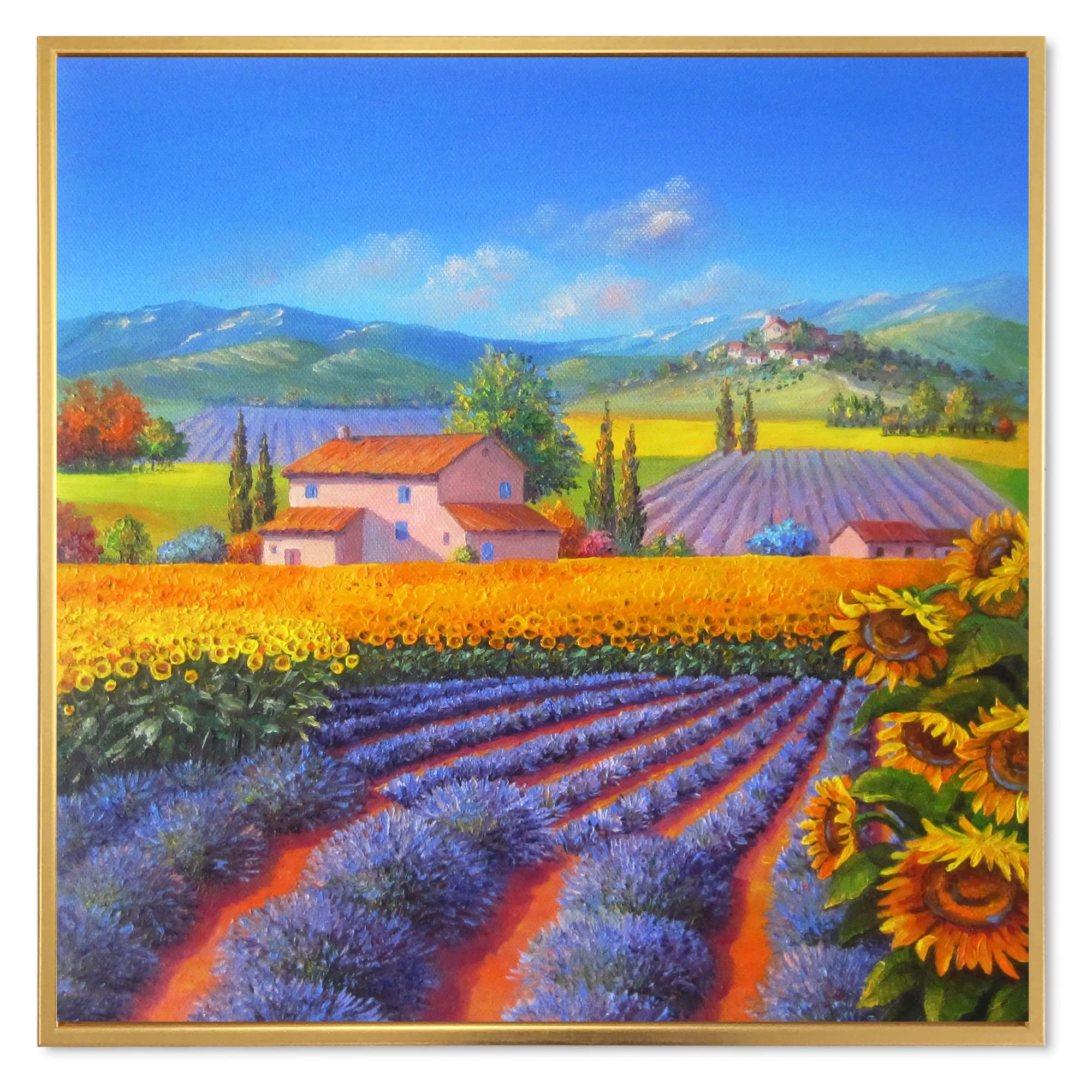DesignQ Lavender and Sunflower Fields Framed Canvas Wall Art - Handmade Traditional Landscape Painting for Living Room, Bedroom & Office Decor